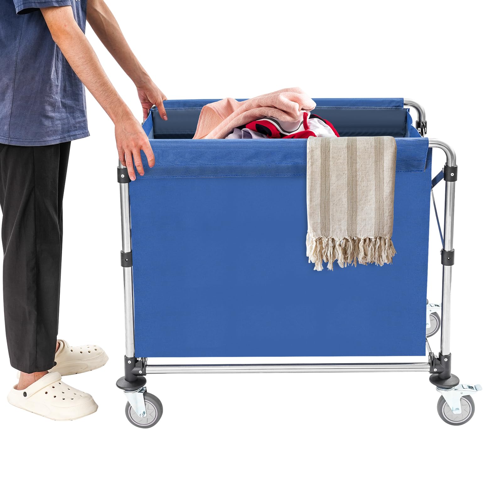 Carrito de lavandería de acero inoxidable, con ruedas, plegable, capacidad de carga de hasta 200 kg, para casa o hotel, 87 x 52 x 78 cm (azul)