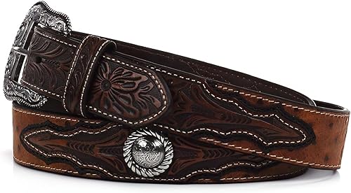 Miniatura 5 de ARIAT Cinturón de piel sintética de avestruz para hombre con estampado floral y conchos plateados