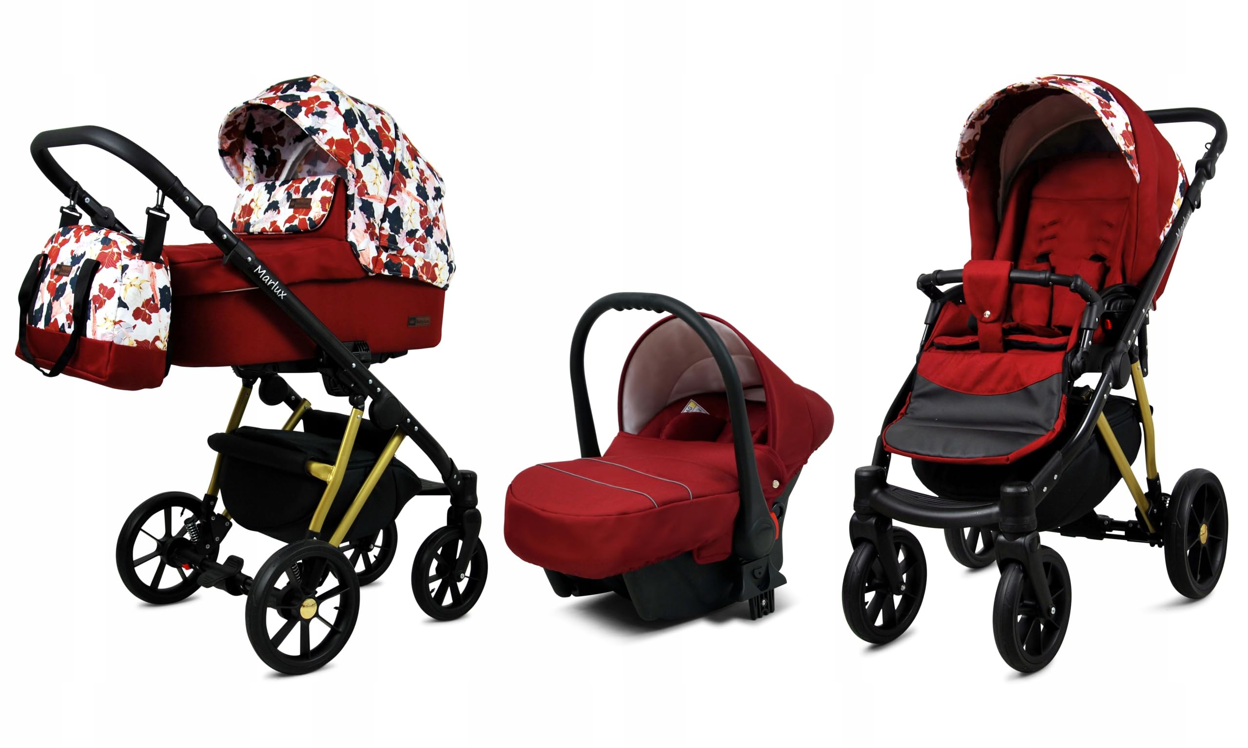 BabyLux® Enfant Poussette Combinée Set 3 en 1 - Marlux Magnetic - incl. Nacelle, Canne, Siège de voiture - Siège Auto - Pliable - avec Sac à langer, Habillage pluie, Moustiquaire etc.