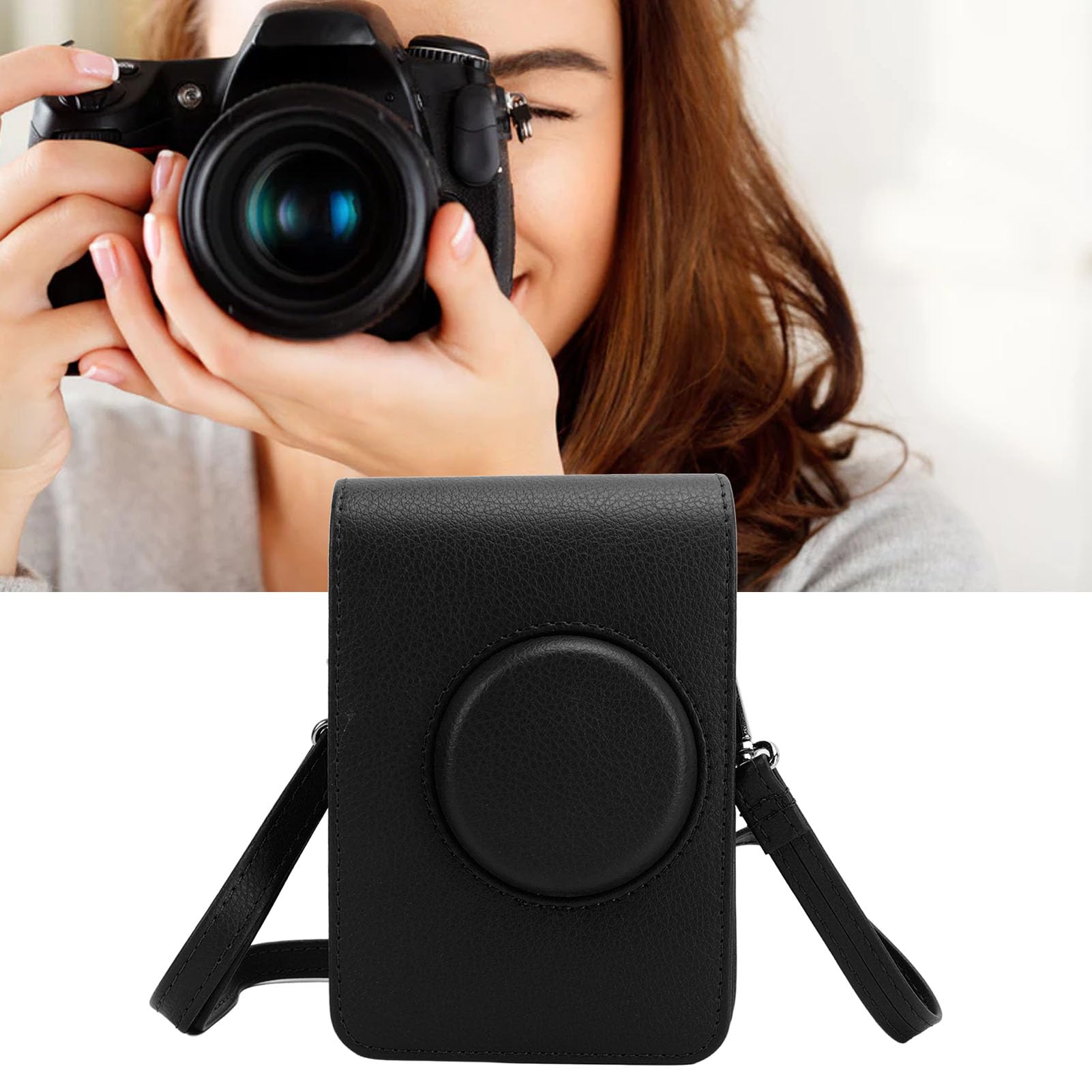 Camera Bag Retro Camera Pouch Case PU Leather Adjustable Strap Soft Liner Camera Case for Mini Photography (Black)