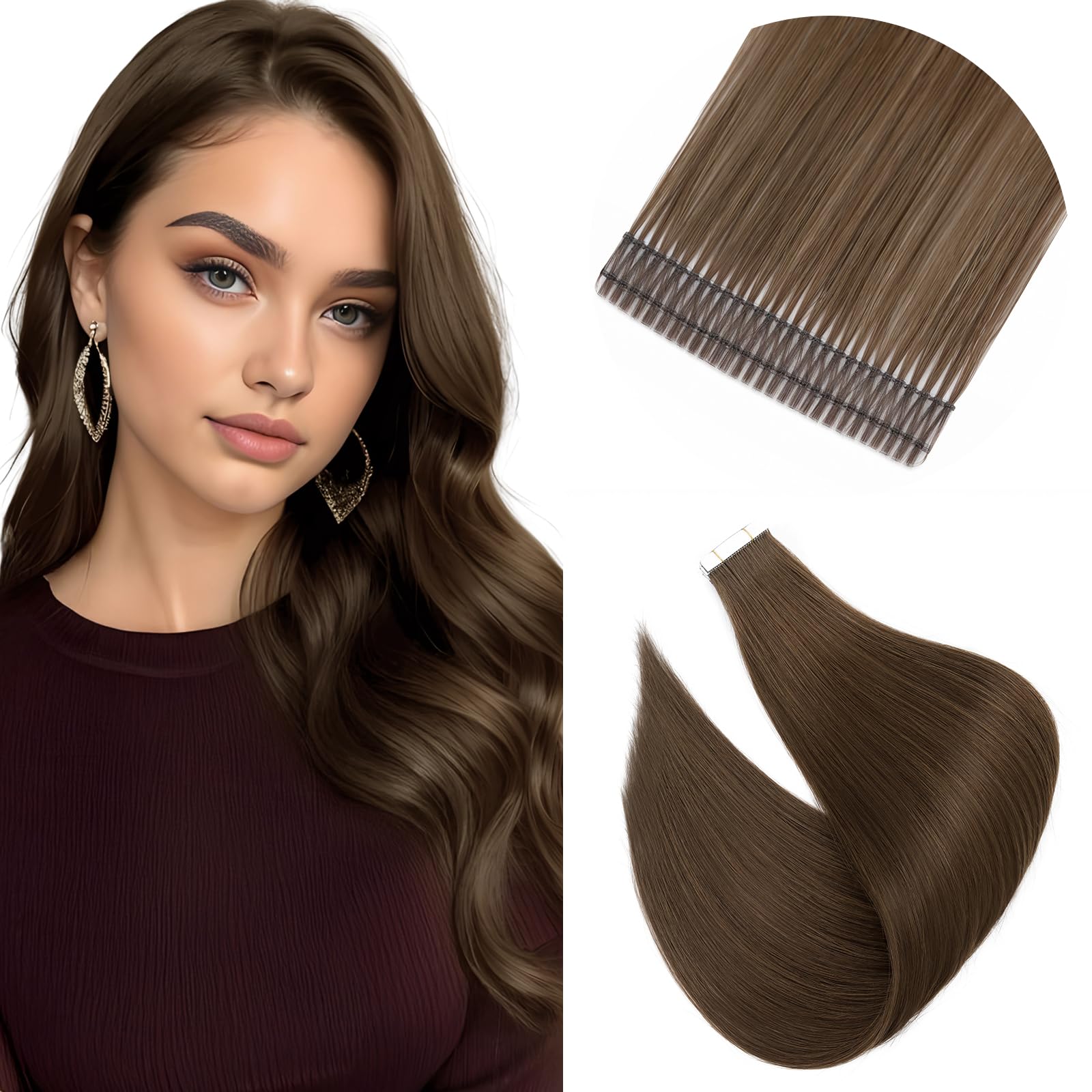 Elailite Darkest Brown Tape in Hair Extensions Real Human Hair 20 Pcs Seamless Invisible Skin Weft Remy Hair Extension Straight (#2 Dark Brown