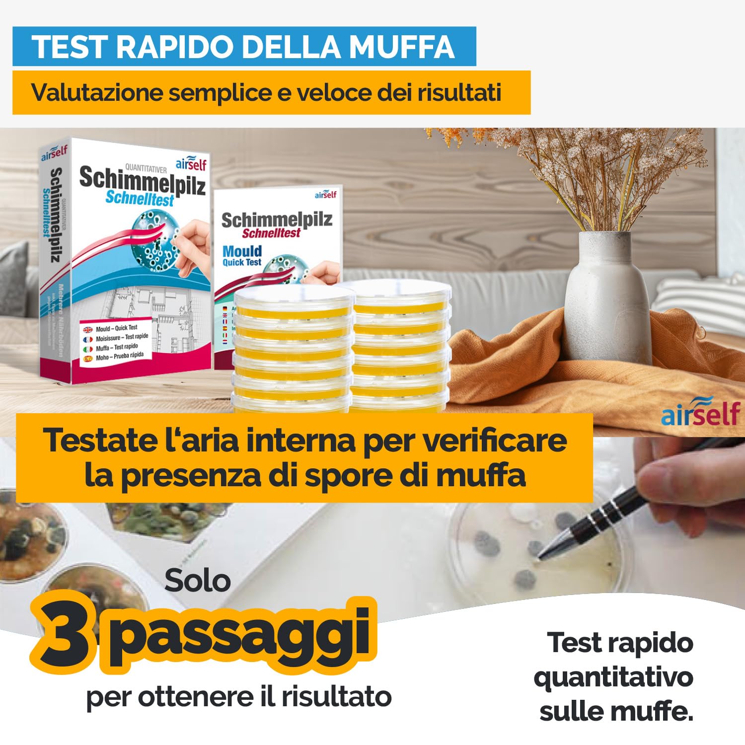 Test muffa airself multipack – kit con 12 terreni di coltura per analisi dell’aria interna e rilevamento delle spore in più ambienti