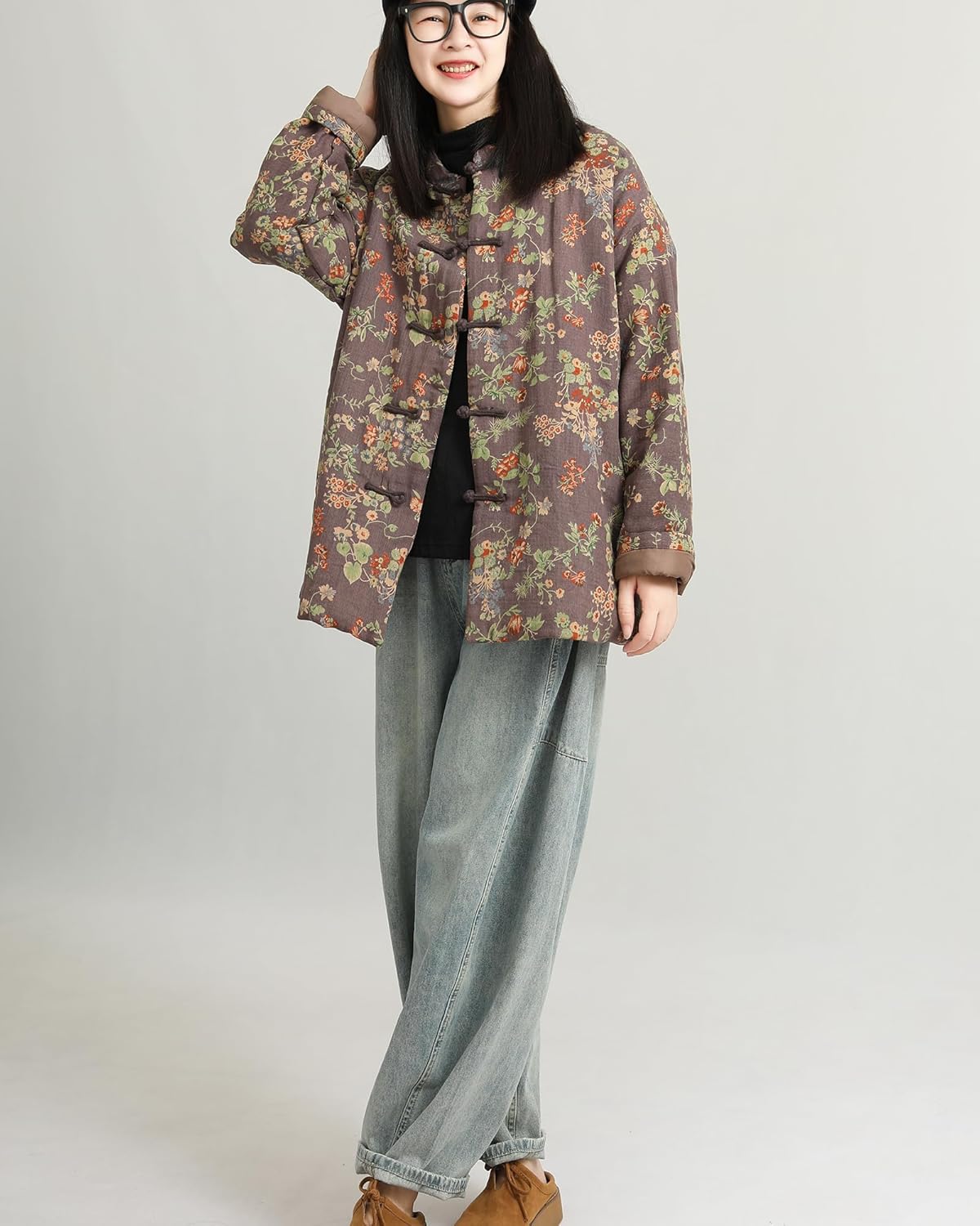 LZJN Women's Floral Print Cotton Quilted Long Jacket Loose Casual Coat with Pockets Vintage Outwear - Image 8