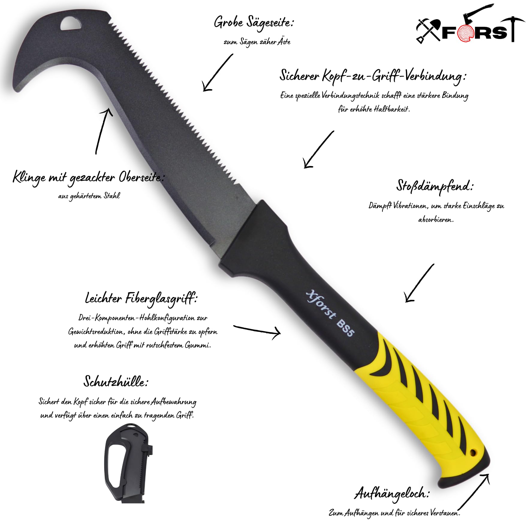 Xforst X-BS5 falce con lama per sega – lunghezza totale 52 cm – manico antiscivolo in fibra di vetro – per campeggio, outdoor, sopravvivenza e bushcraft