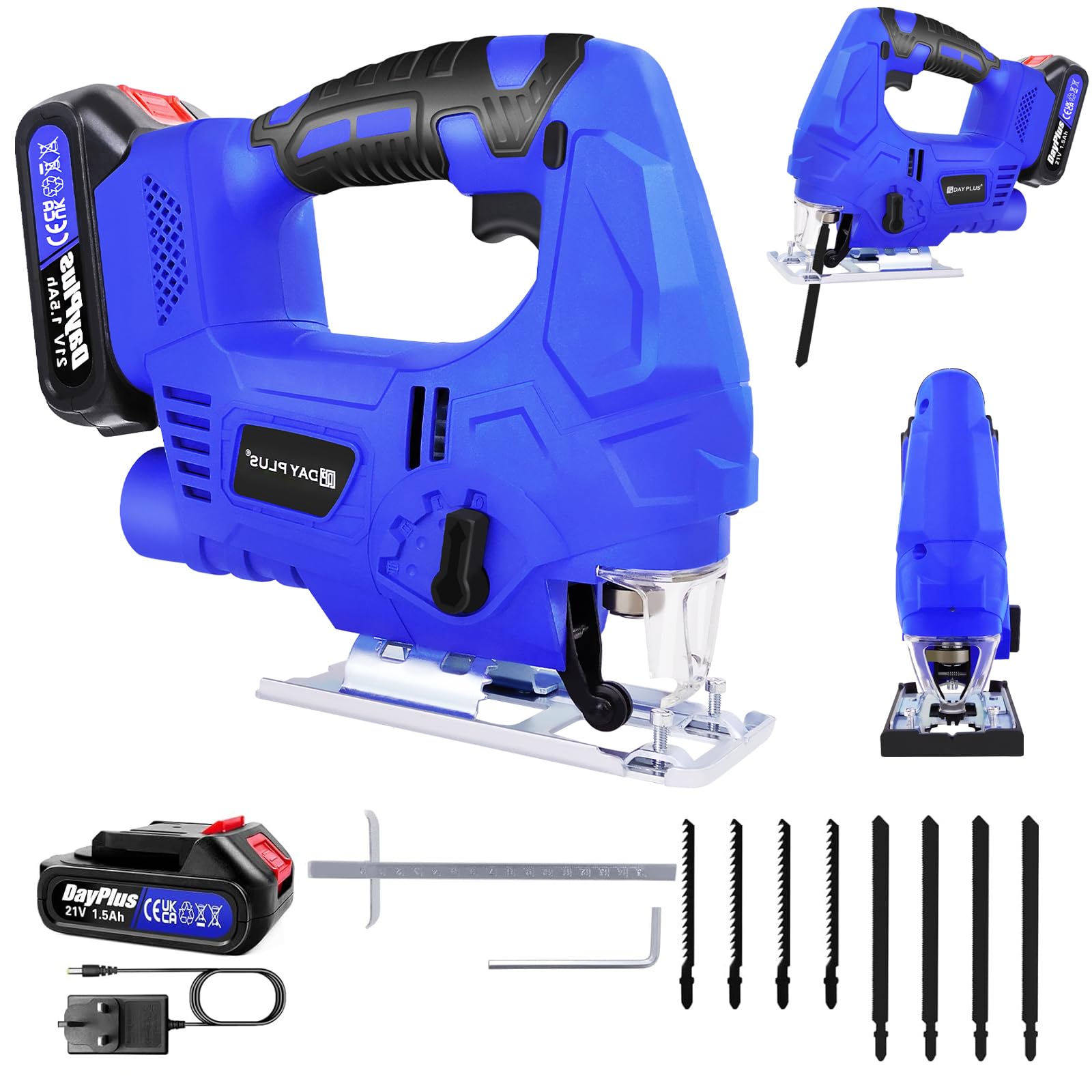 Upgraded Brushless Electric Jigsaw Tool, 400W 3000 SPM 21V Cordless Jigsaw with Battery and Charger, LED Light, 8PCS Blades
