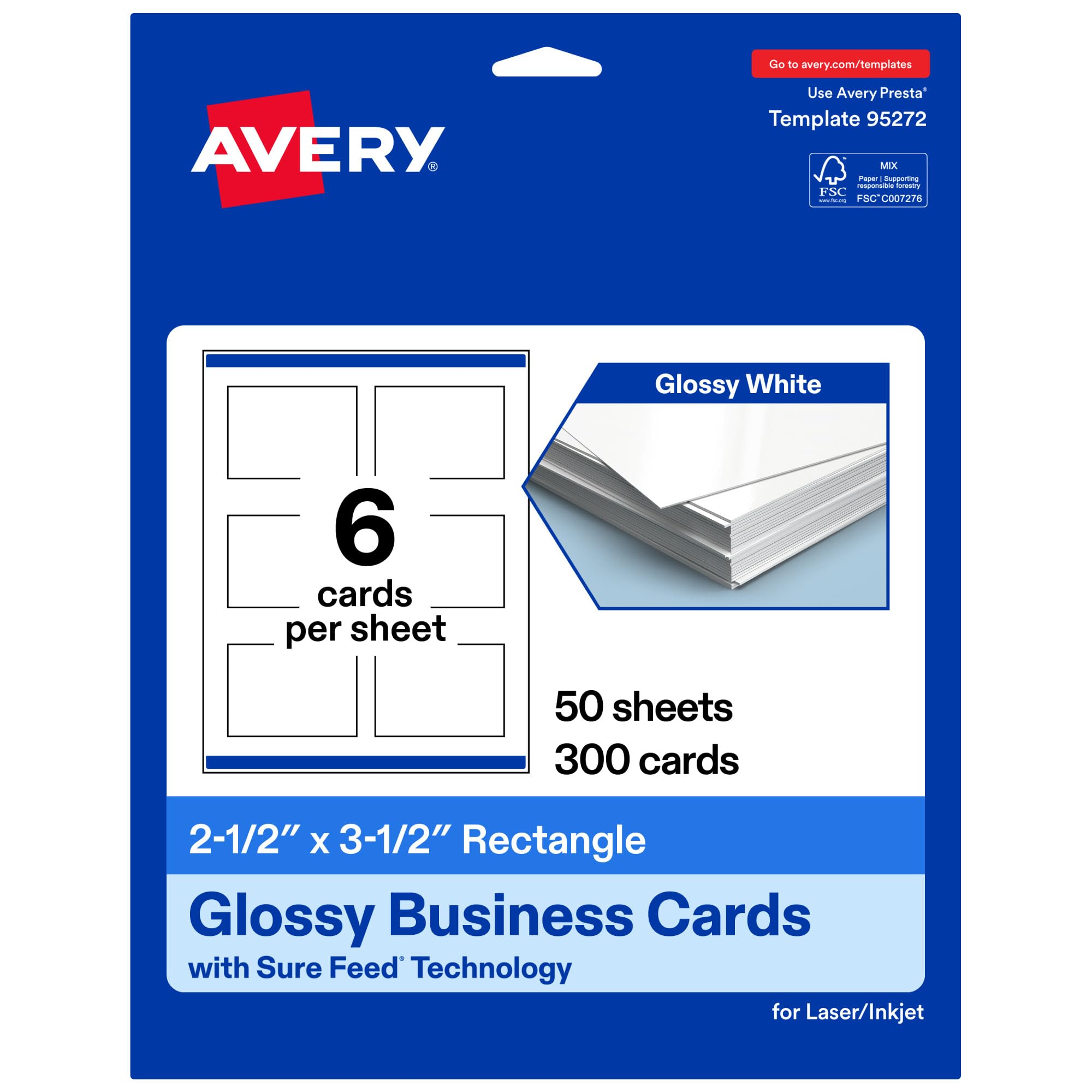 Avery Cartes de visite rectangulaires imprimables avec technologie Sure Feed, 6,3 x 8,9 cm, papier cartonné blanc brillant, impression sur le bord, cartes laser/jet d'encre, 300 au total