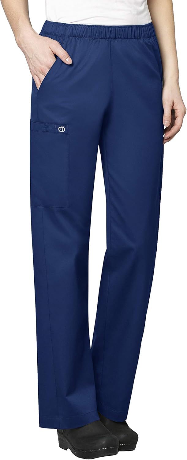 WonderWink WORK Women's Scrubs V-Neck Chest Pocket Top & Pull On Cargo Pant Set + Badge Reel