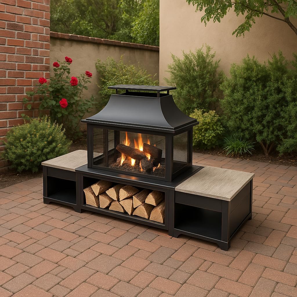 Rimasco 80-Inch Metal Wood Burner Fireplace with Side Storage Tables – Wood Burning Fire Pit for Home – Smokeless Patio Fire Pit – Outdoor