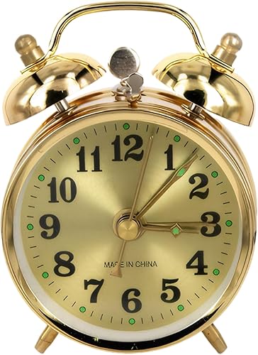 Wind Up Alarm Clock Vintage Gold Twin Bell Alarm Clock Silent Non Ticking for Living Room Bedroom Office (No Batteries)