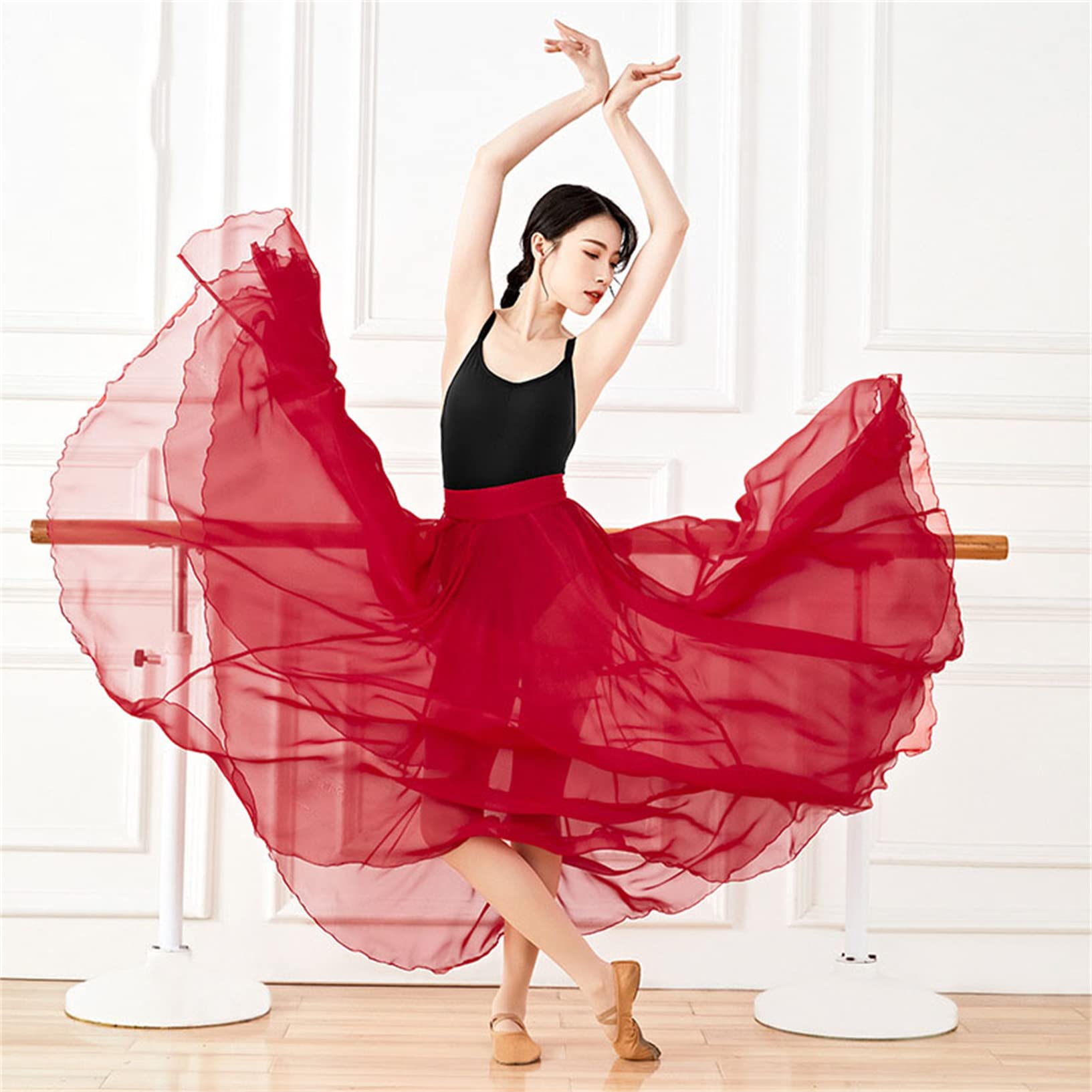 Moderner Tanzrock für Damen Eleganter Chiffon Tanzkleidung 720 Grad Großer Schwung Halbkörperrock Lange Tanzpraxis Kleidung Zum Schnüren Design Wettbewerb Kostüme