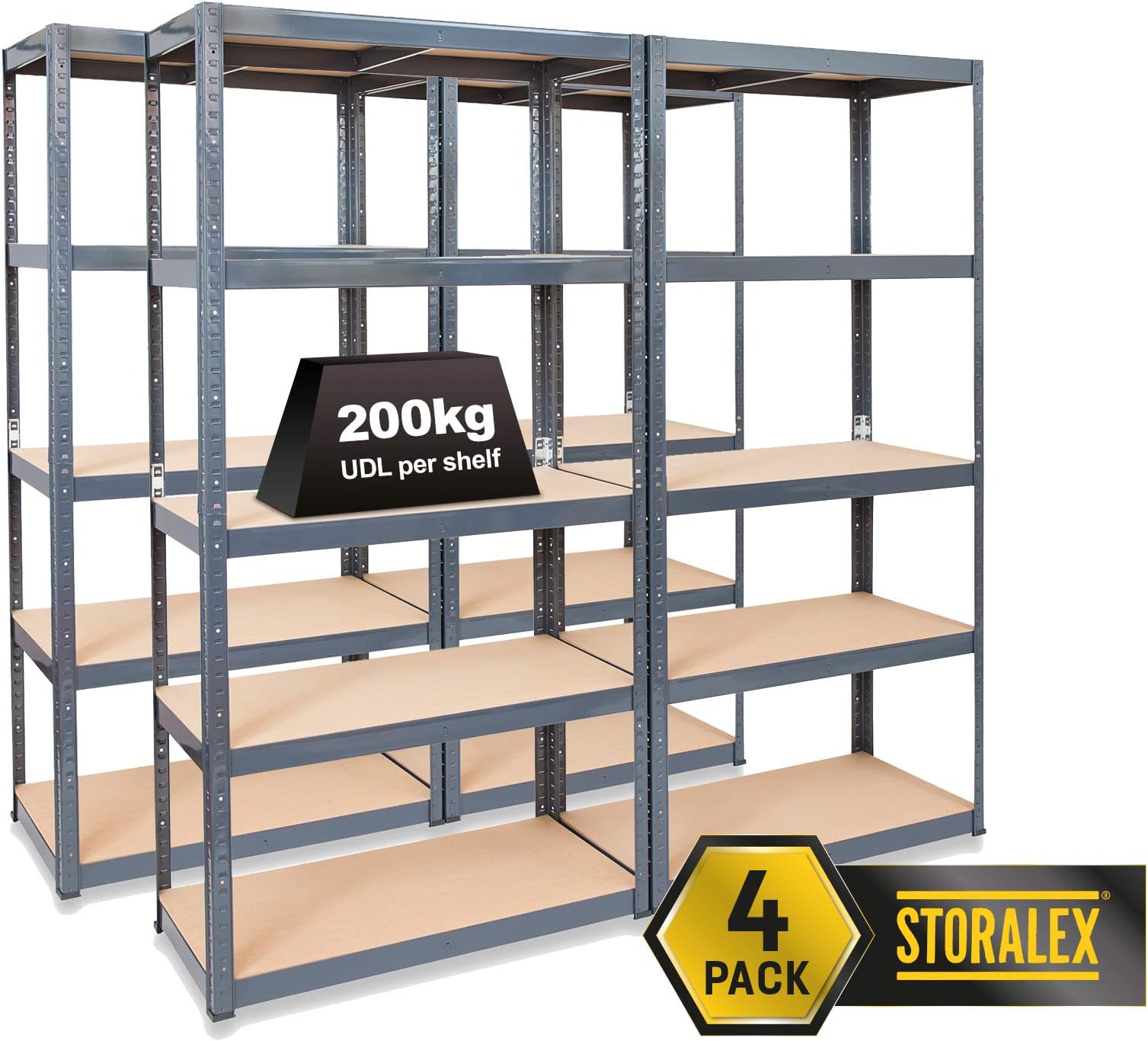 Storalex Pack of 4 Garage Racking Shelving Units โ 1800mm x 900mm x 600mm - 200kg Per Shelf (Evenly Distributed) - Large 5 Tier Unit - Metal & MDF Boltless Assembly System