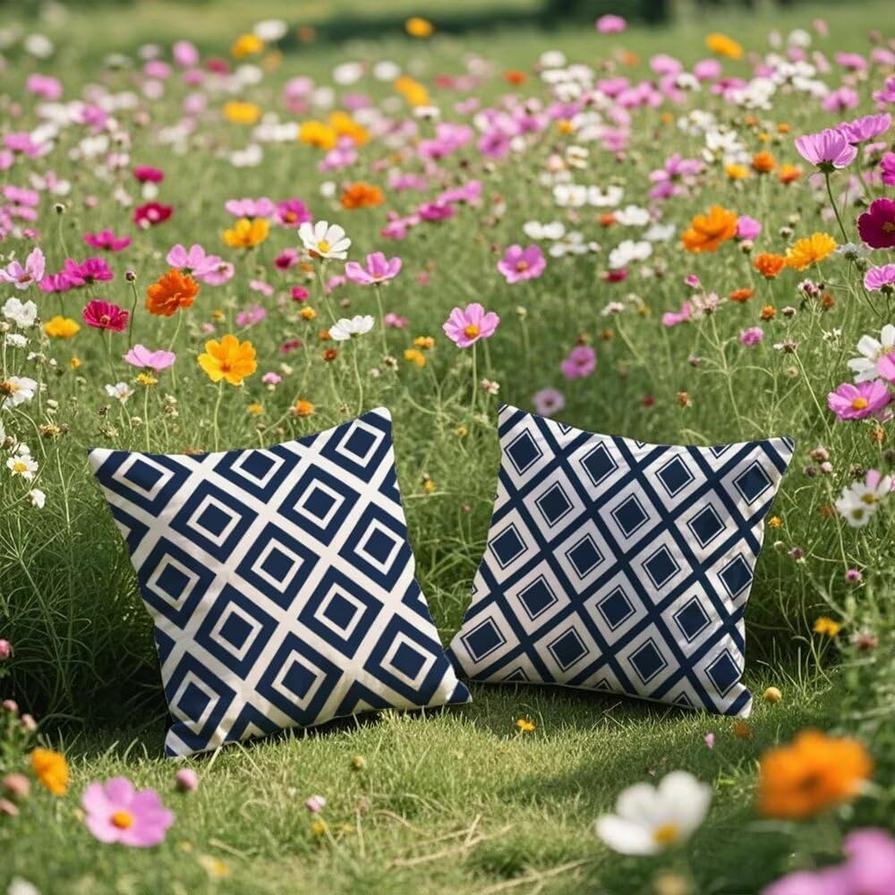 Outdoor Pillow Covers 14x14 Inch, Set of 2 Navy Blue Pillows Double-Sided Pattern, Outdoor Cushions Stripes Pillowcase Waterproof Velvet, Square Cushion Covers for Couch Garden Patio Furniture q167 image 3