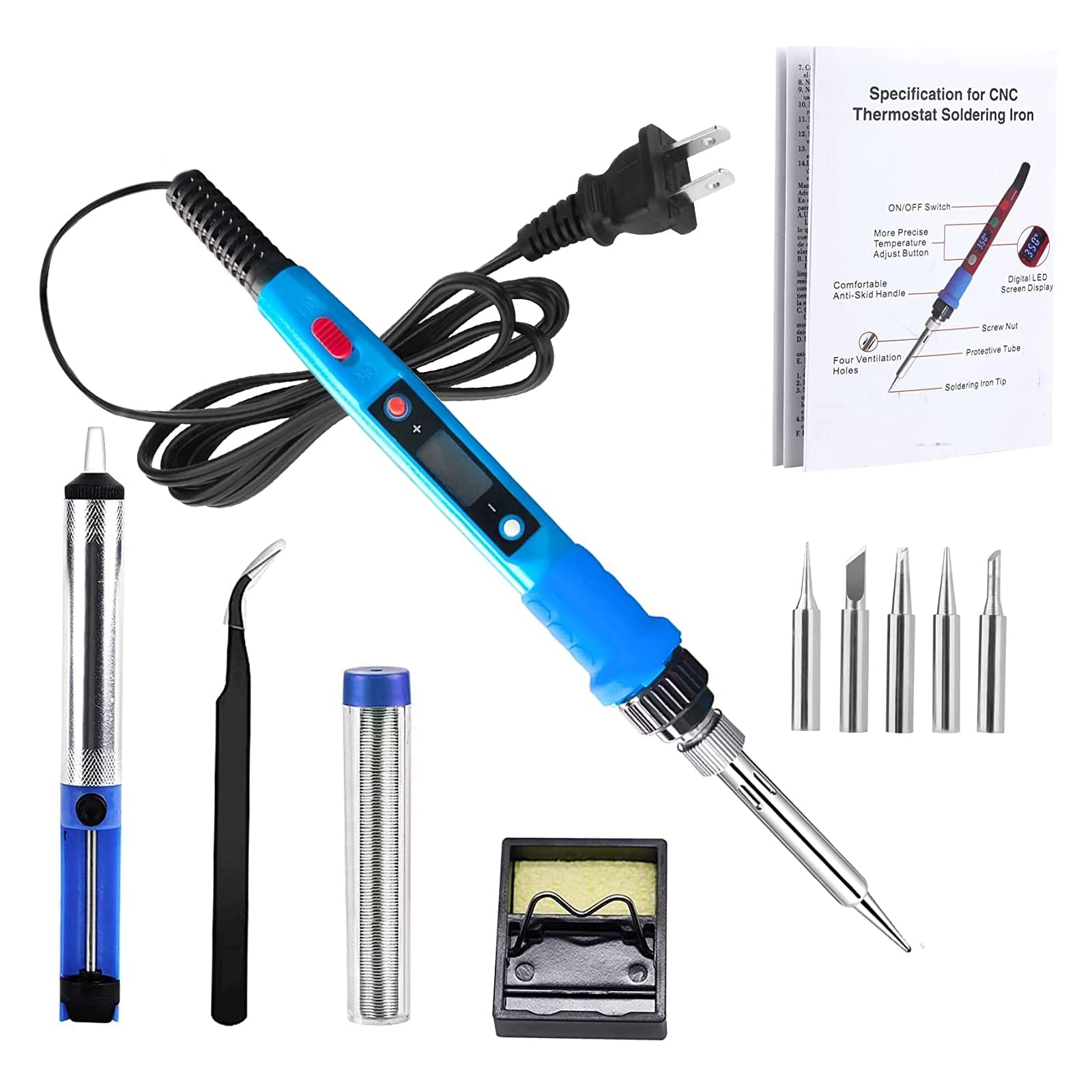 Soldering Iron Kit for Electronics,Olerqzer 80W 110V Digital LCD Solder Gun Adjustable Temperature Welding Tool 356-896℉( 180-480℃) with ON-Off Switch, 11-in 1 Solder Kit, Thermostatic Design
