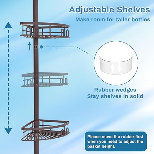 Miniatura 6 de Estante de esquina de ducha a prueba de óxido para baño, organizador de barra de tensión con 4 cestas para almacenamiento de champú de 23.6 a 114.5