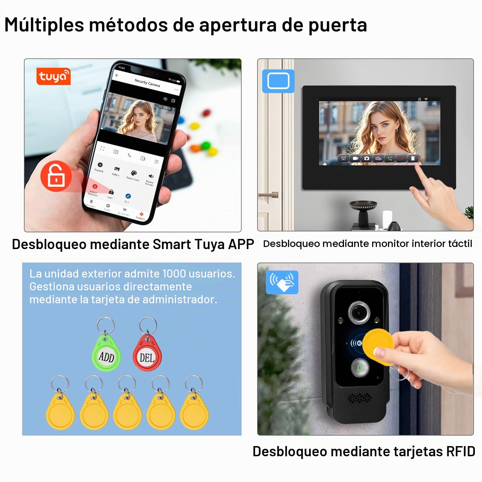 Sistema de Videoportero con Timbre WiFi de 2 Cables, Cámara HD 1080P con Pantalla Táctil Color de 7 Pulgadas, Visión Nocturna, Grabación, Tarjeta RFID/App Tuya Desbloqueo Remoto