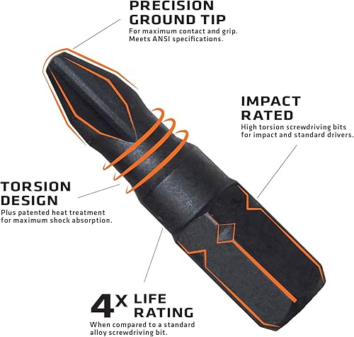 Miniatura 4 de Century Drill & Tool 70525 Puntas de destornillador de impacto #2R para paneles de yeso, 1 pulgada, paquete de 25
