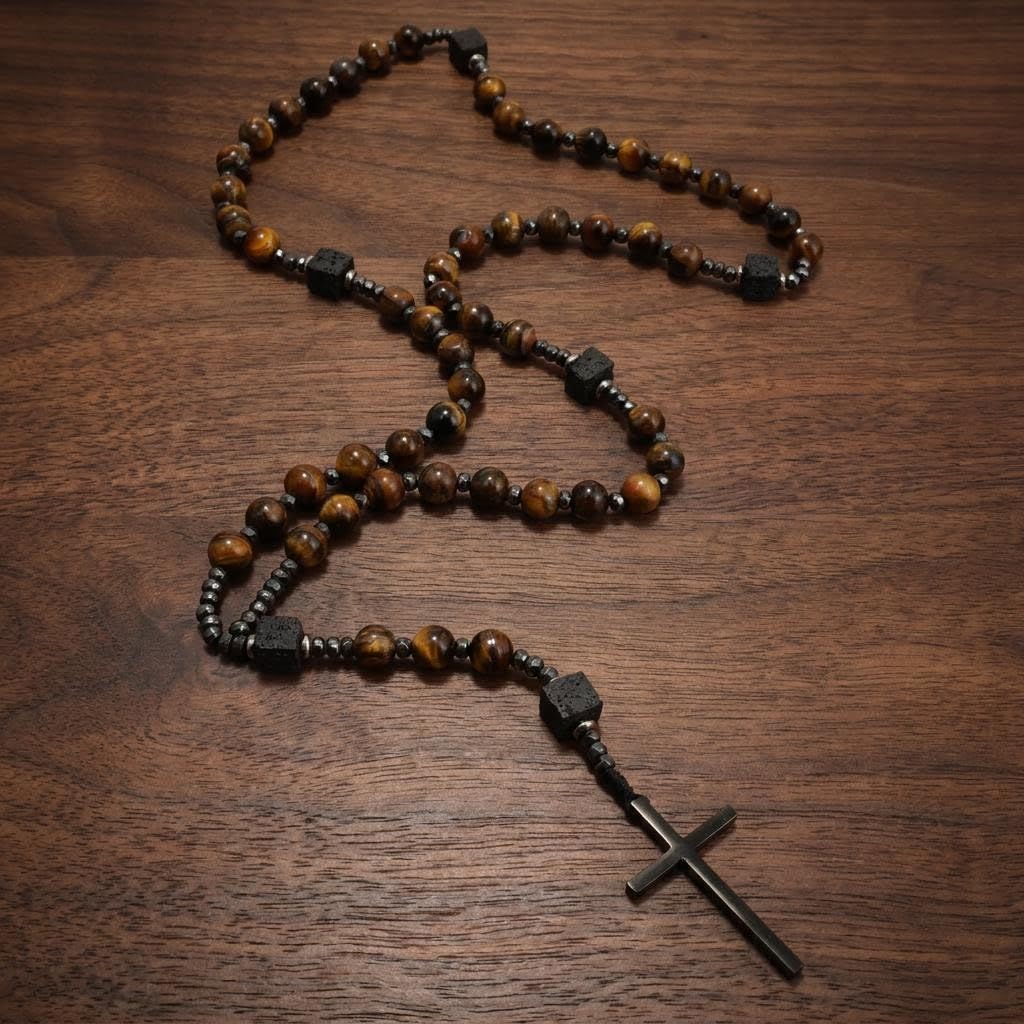 Nazareth Store Men's Rosary Necklace Black Onyx or Tiger Eye Beads with Black Alloy Cross, Catholic Christian Religious Jewelry, Gift for Him