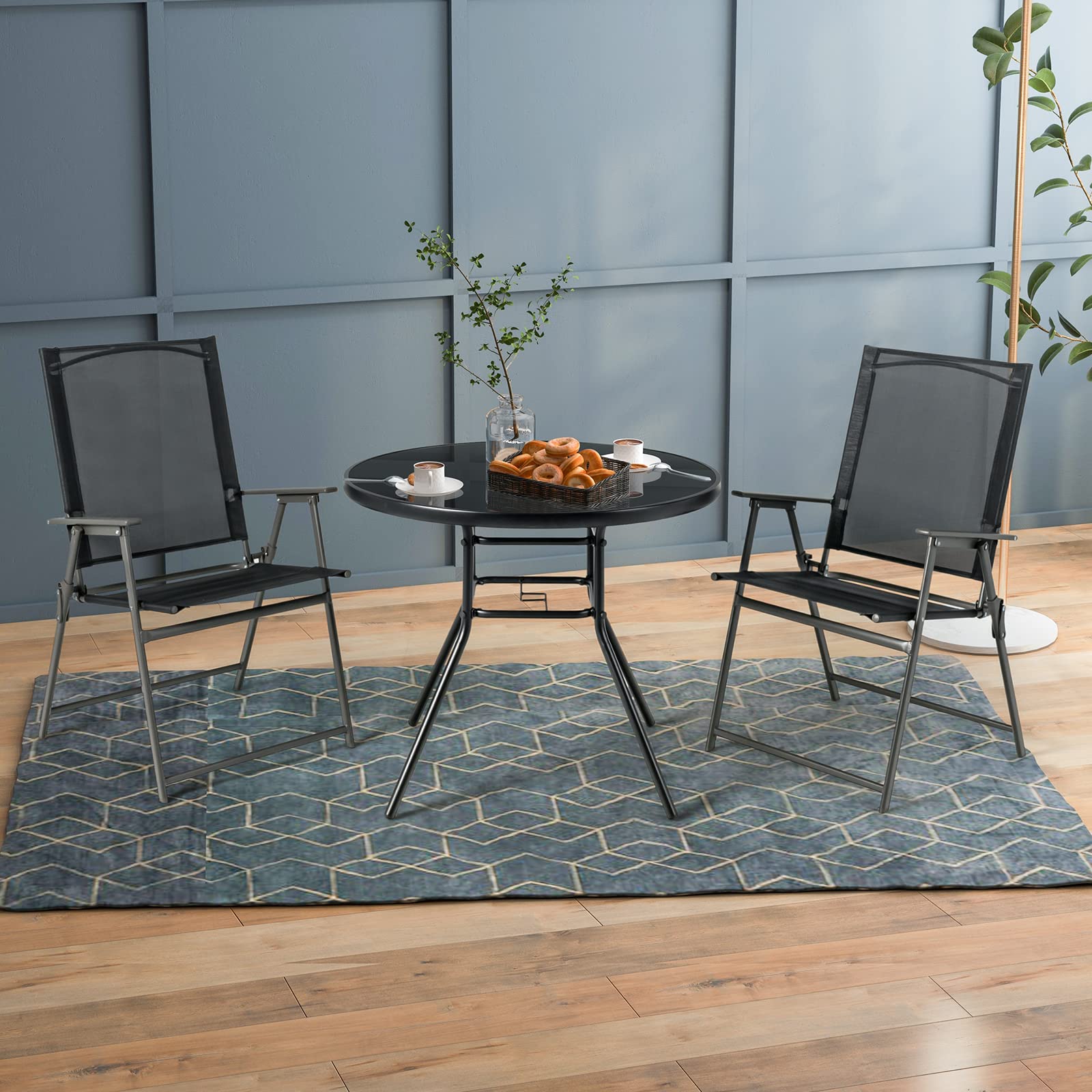 COSTWAY Tavolo Rotondo da Giardino con Buco per Ombrellone, Tavolo da Esterno in Vetro Temperato Struttura in Metallo, Tavolino per Balcone, Terrazza, Sala Pranzo e Soggiorno, 86 x 86 x 71 cm, Nero