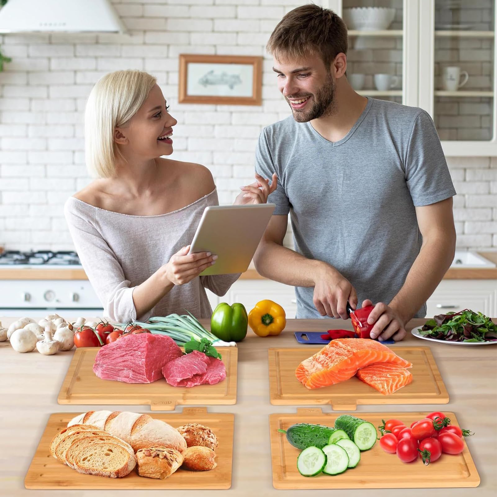 Tagliere per Alimenti 4 Pezzi Legno per Preparazione Pasti | Set Taglieri in Legno per Carne Adatto A Famiglia Uomini Cucina Casa Dispensa Appartamento Ristorante Caffè