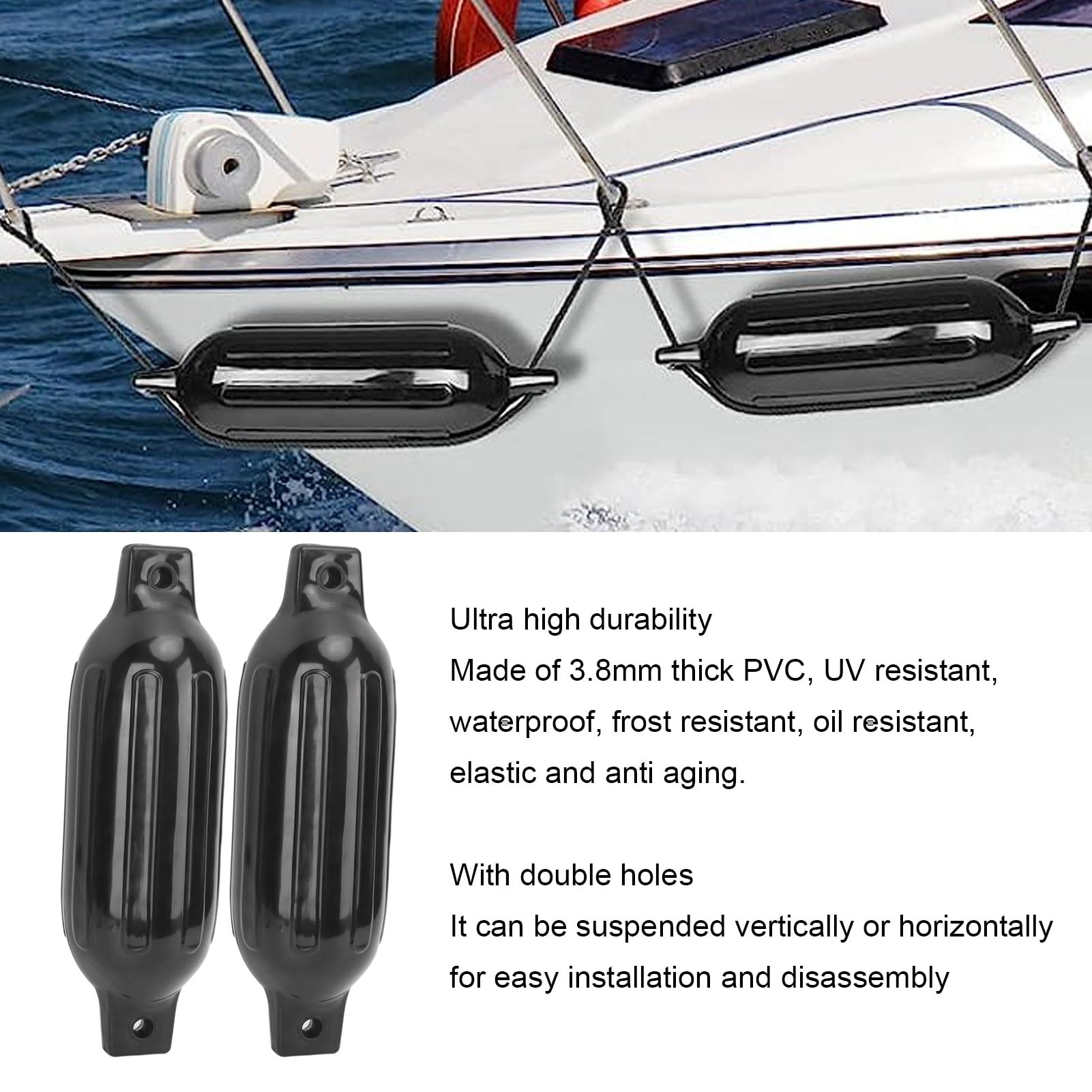 2 parabordi per imbarcazioni, 5,5 x 20 Pollici, parabordo Pneumatico Gonfiabile con Occhielli Doppi, Adatto a Yacht, Barche da Pesca e Barche a Vela, in PVC Nero, parabordo Marino