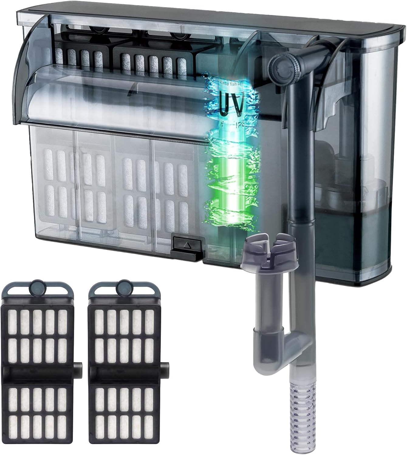 Large Hang on Back Aquarium Filter 264GPH for 40-100 Gal. Fish Tank, w/ U-V Light Surface Skimmer 13-Stage Filtration Suspension Oxygen Deodorization Green Clean Machine Saltwater Freshwater Clear