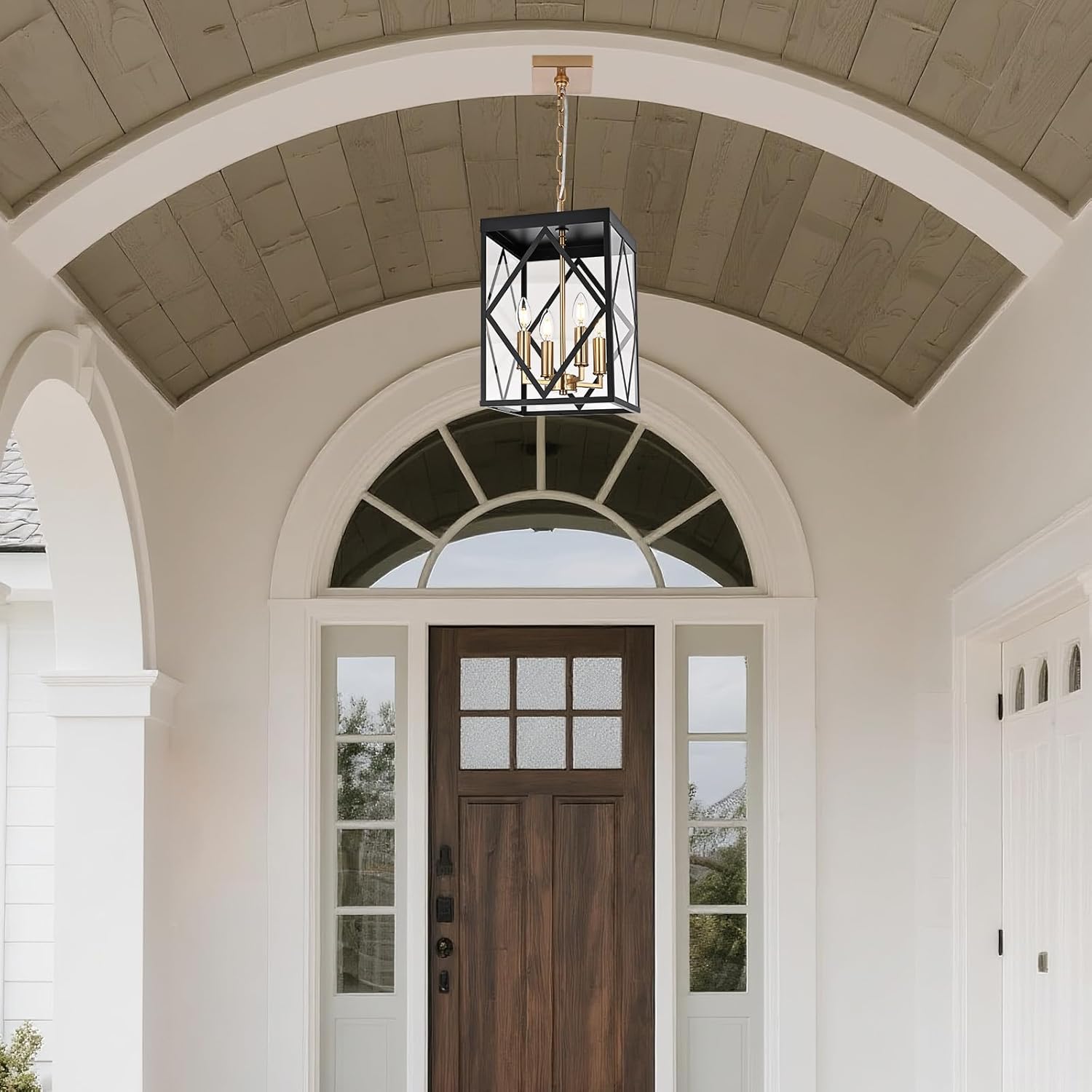 4-Light Outdoor Pendant Lights for Porch 15.7'' Outdoor Chandelier Black & Brushed Brass Exterior Hanging Porch Light Fixtures w/Clear Glass, Waterproof Outside Pendant Lantern for Front Door