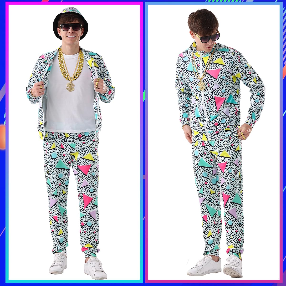 Chándal para hombre, disfraz de los años 80 y 90, traje de chándal para hombre, juego de pantalones, riñonera hinchable, bolsa de gueto, gafas de sol, sombrero, collar, pulsera, anillo, hip hop, ropa