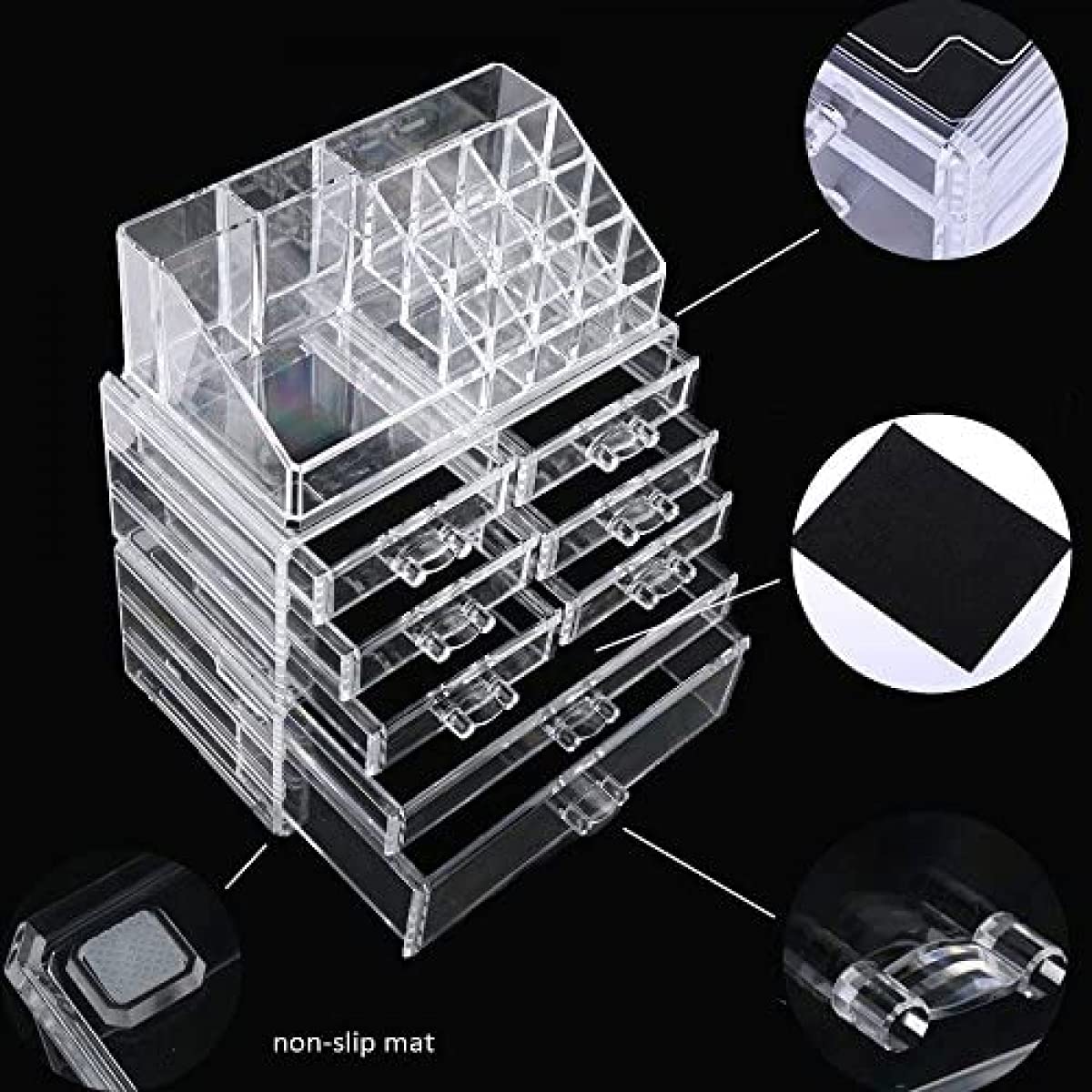 BERTY·PUYI Organizador De Maquillaje Acrílico Cajas De Almacenamiento De Cosméticos con 3 Divisores Extraíbles Organizador De Cosméticos Cajones para Lápiz Labial, Pinceles, Joyería Y Base