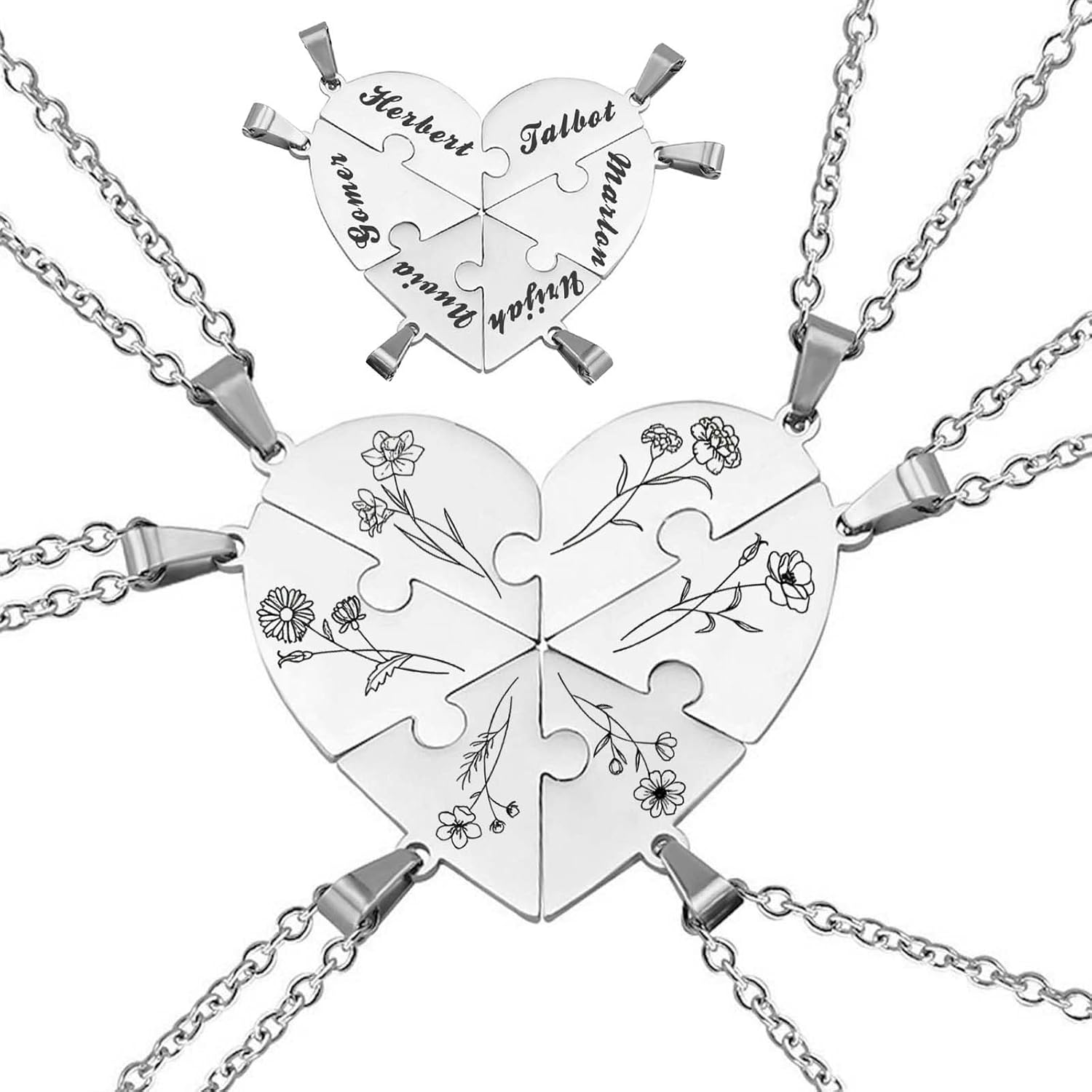 MOTICIUS Personalized Name & Birth Flower Necklace for 2/3/4/5/6/7/8 Custom Heart Puzzle Piece Necklaces Custom Family Friendship Couple Pendant for Women Men Matching Friends