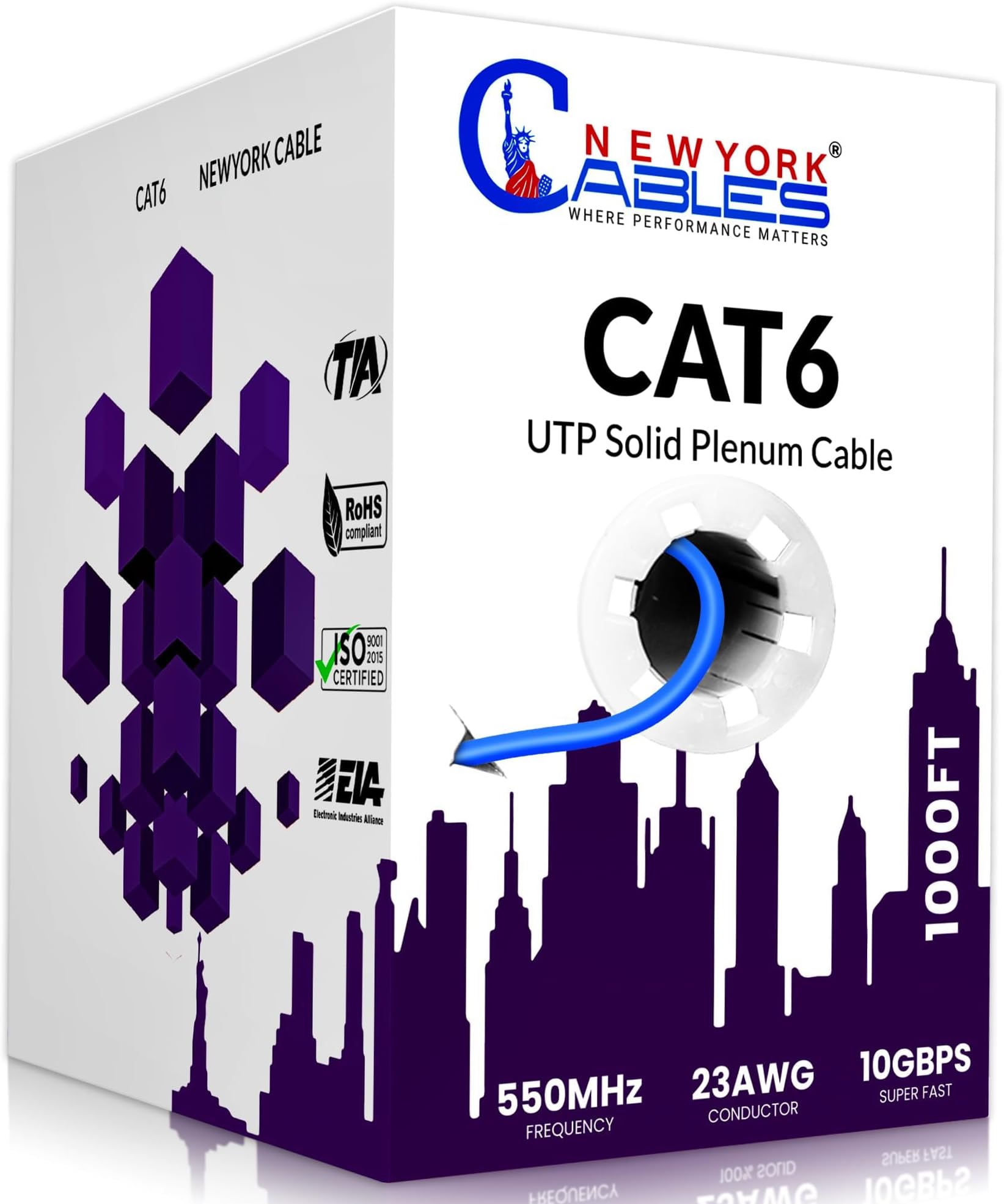 Newyork Cables | CAT6 Plenum Cable 1000ft | 23AWG, UTP 4Pairs, 550MHz 10Gbps Most Certified (CMP) Rated | Fire-Retardant Jacket | Bulk Cat 6 Ethernet Cable for Networking (Solid Conductor, Blue)