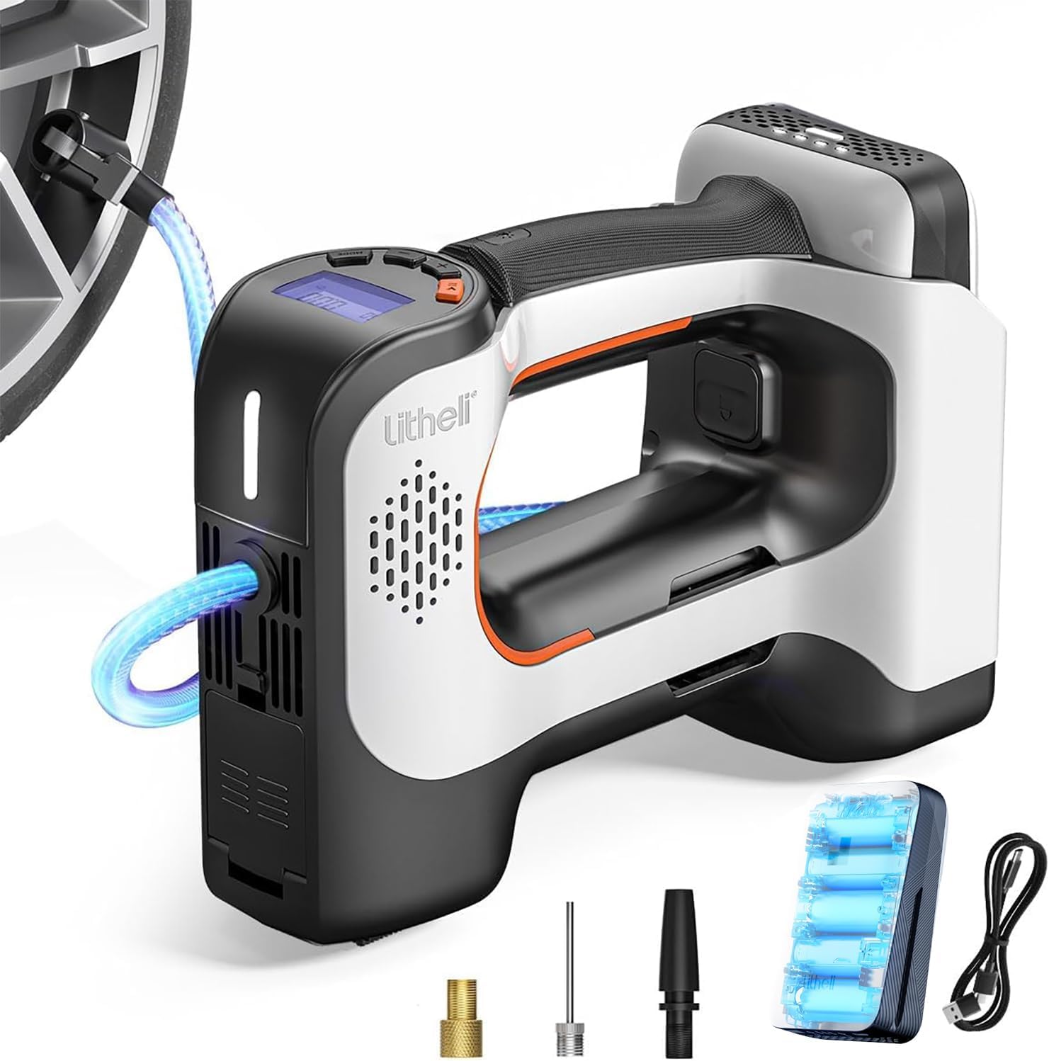 Litheli, pompa ad aria elettrica, 20 V, 10000 mAh, misuratore di pressione digitale a batteria, 160 PSI, pompa portatile per auto, bici e palle sportive