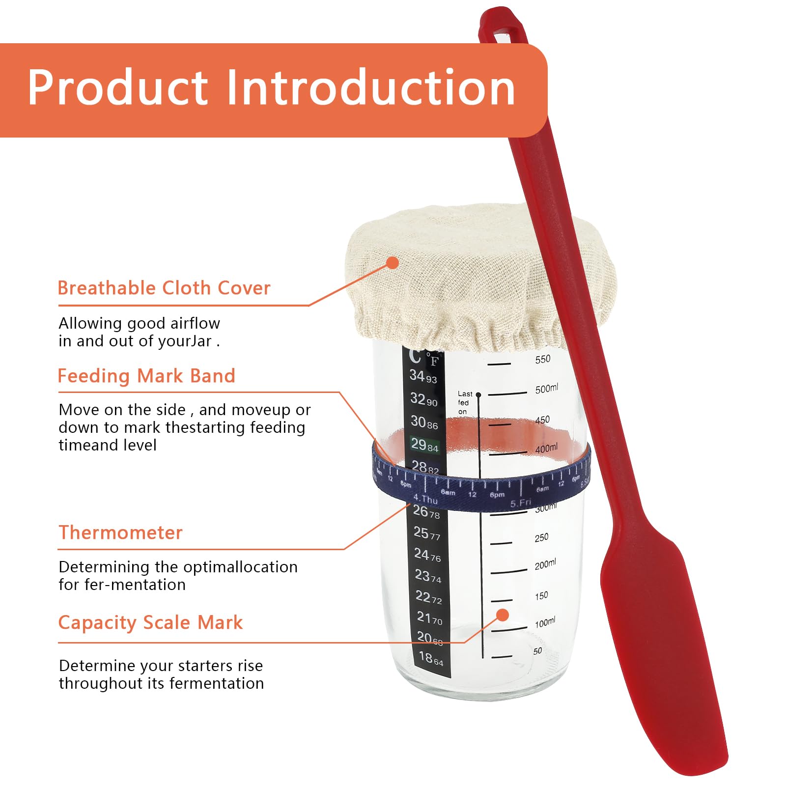 Sourdough Starter Kit - 730ml Glass Jar With Lid, Cloth Cover, Spatula, Thermometer, Labels & Pen For Bread Making - View #8