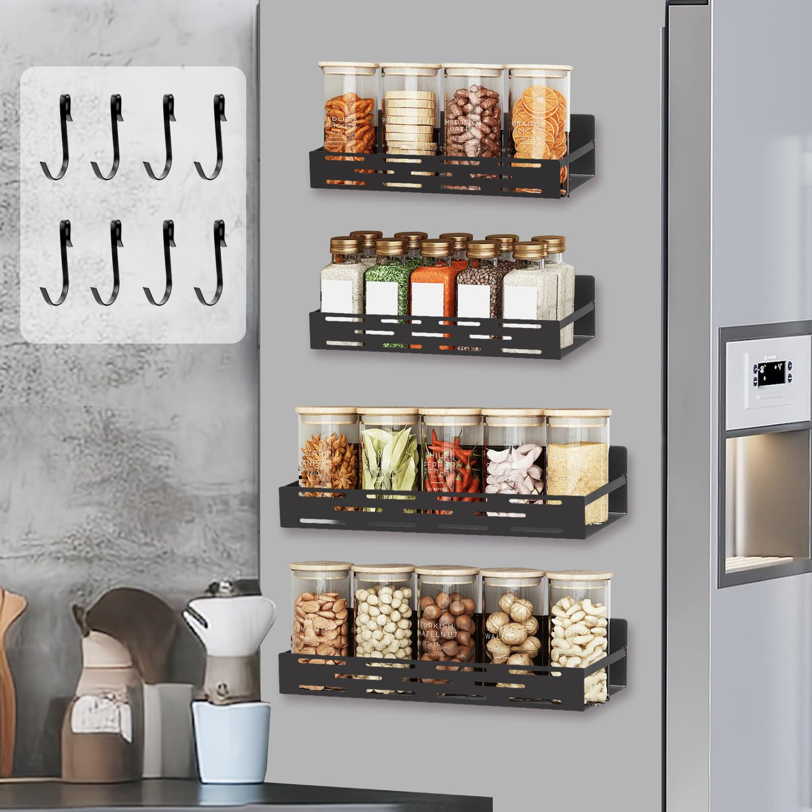 VECH 4 Packs Magnetic Refrigerator Shelf with 8 Hooks Strong Magnetism Moveable Side of Fridge Organizer Magnet Spice Racks to Save Space and Installation, Metal Black