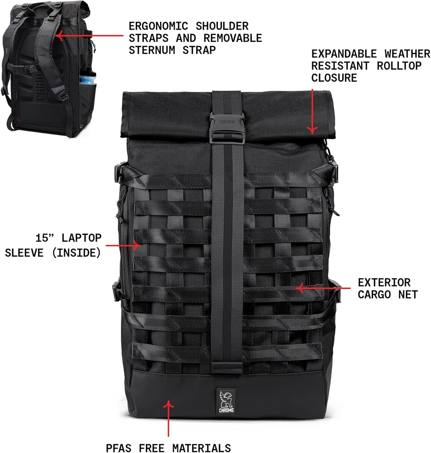 Chrome Industries Barrage 34L Black Roll-Top Backpack – Water Resistant Bag for Work, School, Travel – Features Cargo Net & Laptop Pocket