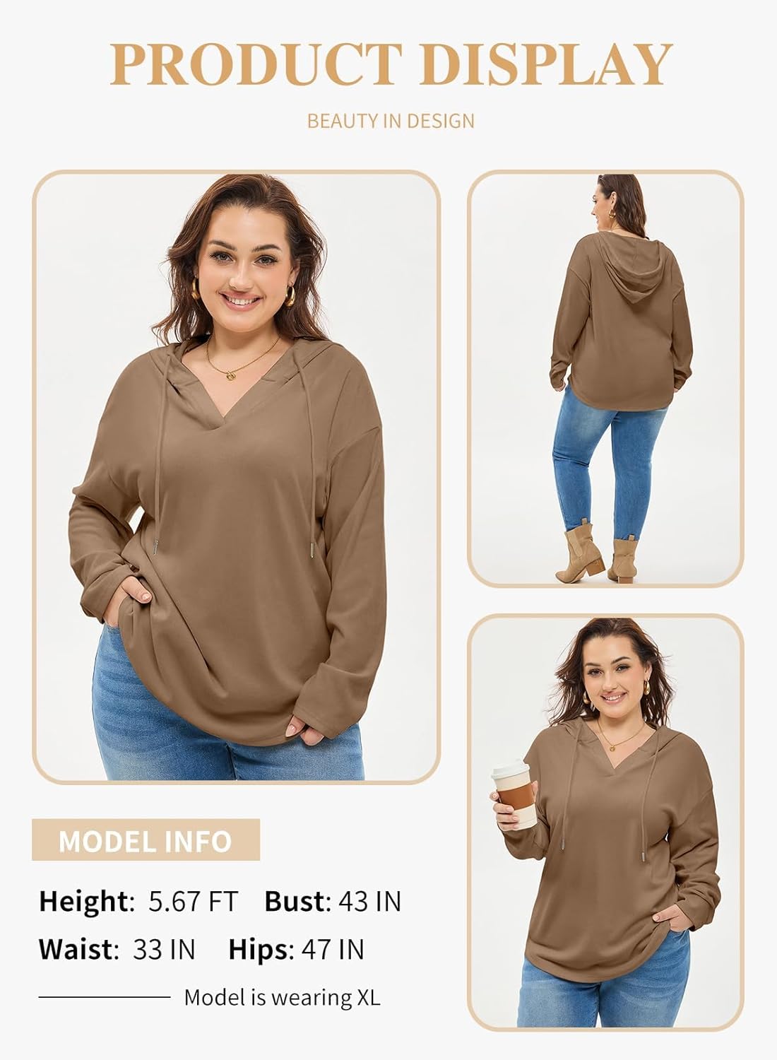 Eytino Plus Size Sweatshirts for Women Long Sleeve V Neck Drawstring Pullover Hoodies Tops(1X-5X) - Image 3