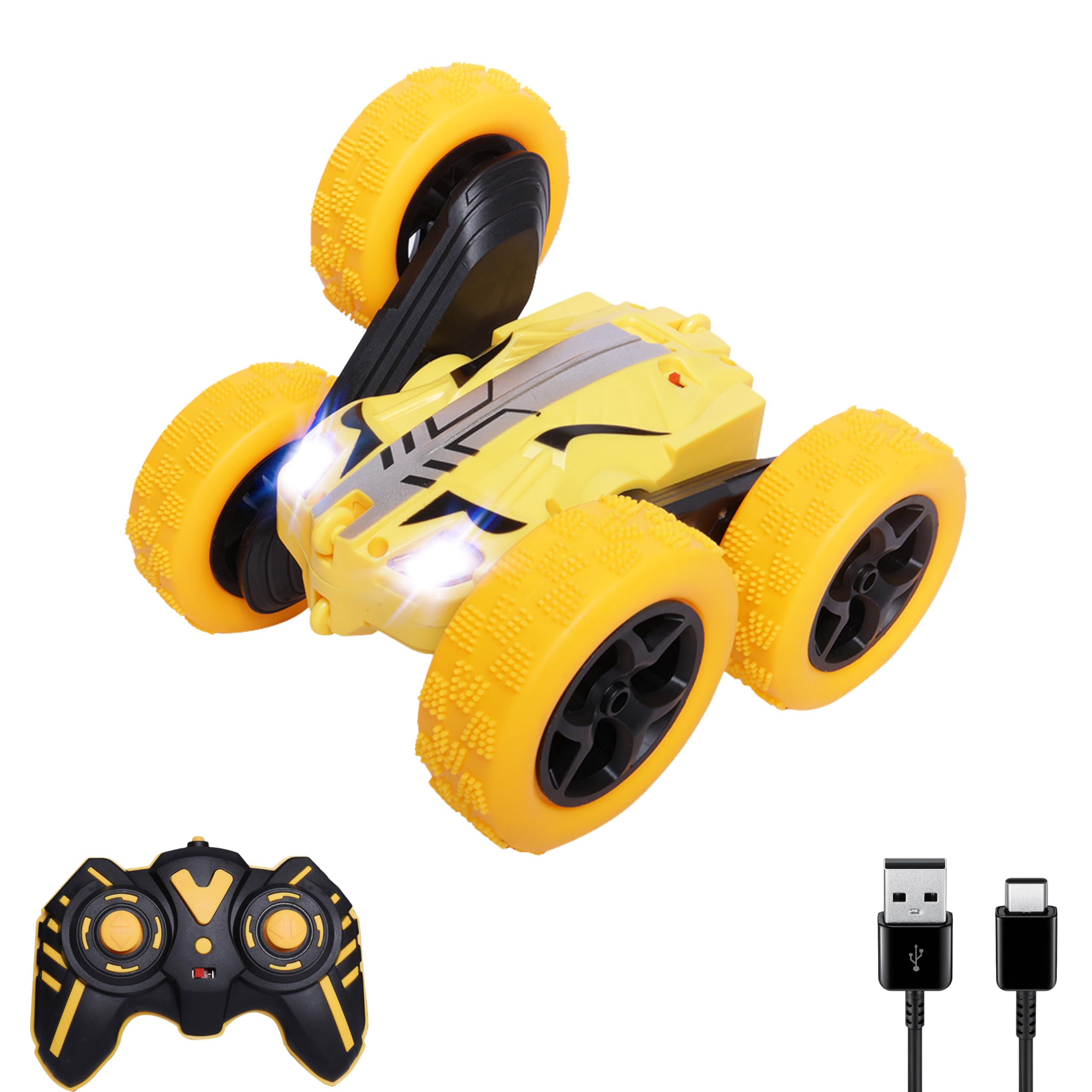 Wonder Double Flip Remote Control Stunt Car for Kids, 4 Wheel Drive Drift High Speed Off Road Double Sided Rotating Vehicles 360°Flips Hobby Car Best Gifts (Yellow)-image-18