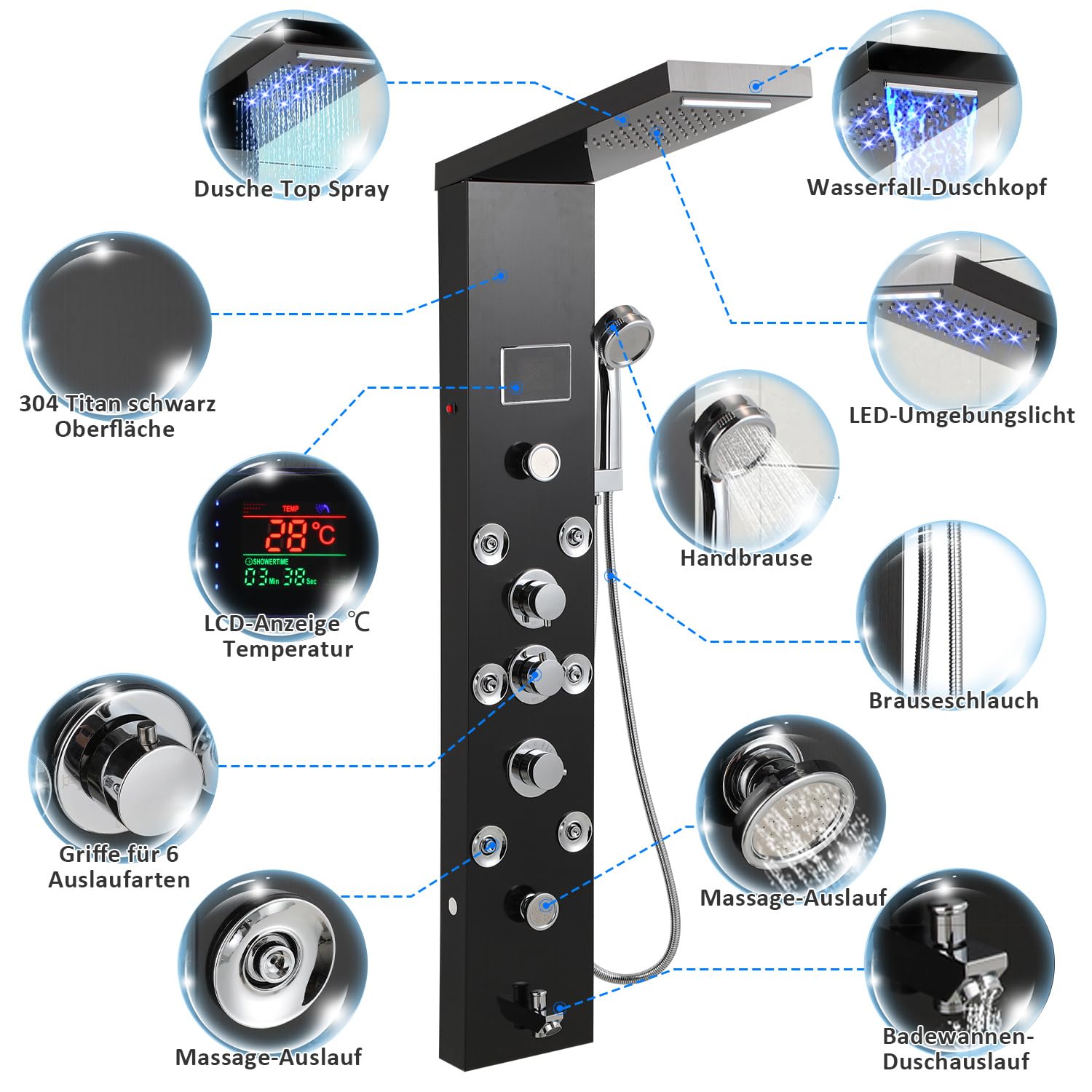 Duschpaneel mit LCD Temperaturanzeige, 6 Wasserfunktionen, 304 Schwarz-Titan Edelstahl DuschsystemWasserfall, Regendusche, Massagedusche Handbrause Wanneneinlauf