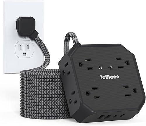 Protector de sobretensiones - Cable de extensión de enchufe plano de 15 pies con 8 tomas amplias y 4 puertos USB (2 USB C), extensor de salida