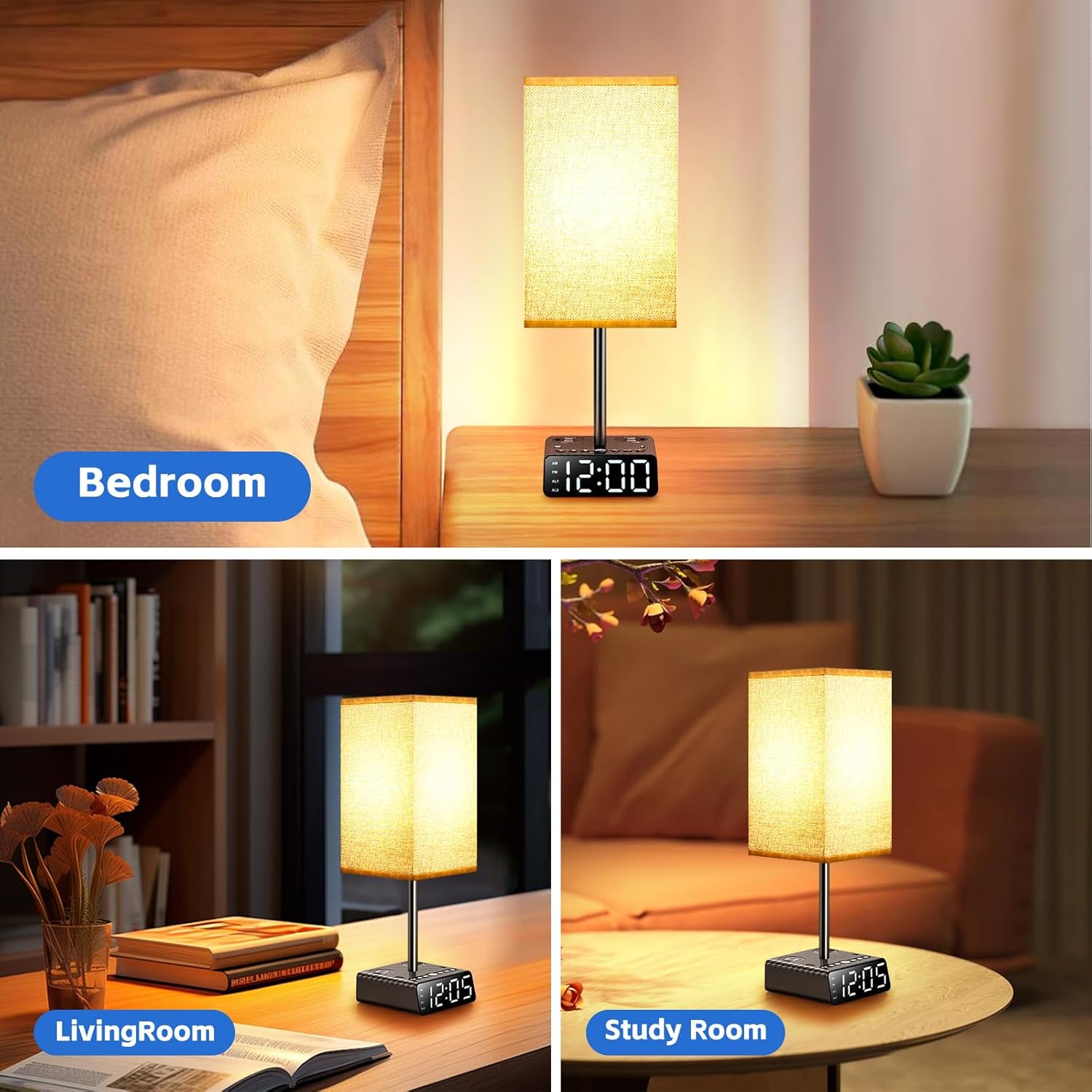 BTU Bedside Table lamp with Alarm Clock - 3 Color Temperatures Bedside Lamps with USB C and A Ports,Table Lamps with AC Outlet, Nightstand Lamps for Kids Room, Living Room, College Dorm, Home, Office