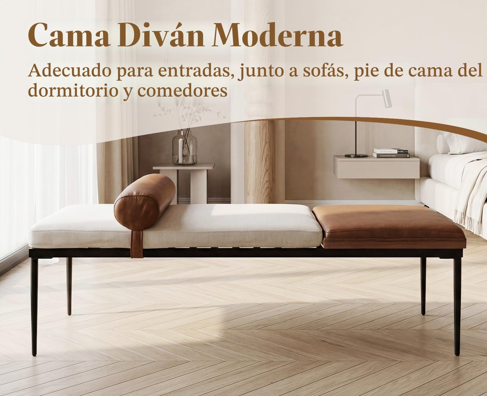 Ya-Home Banco Pie de Cama Daybed de Chenille 140x55x47 cm, Marrón | PU Cuero+Chenille,Estructura de Metal, Cojín Cilíndrico, Bandeja de Madera, Ideal para Dormitorio y Salón