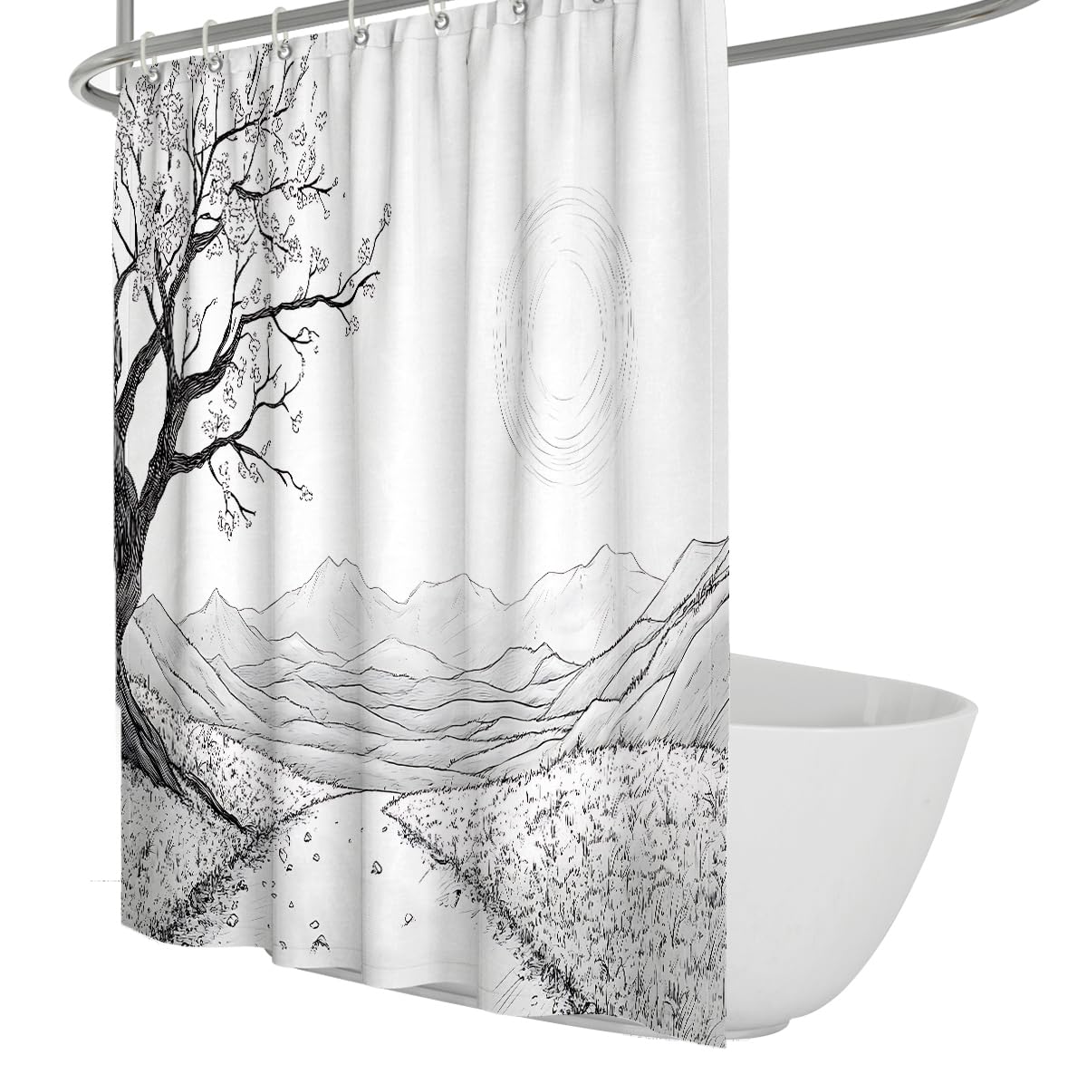 OLLIAR Home Black and White Shower Curtain 90x180 Japanese Asian Plum Sakura Tree Mountain Anime Style Watercolor Scenery Waterproof Polyester Fabric Bathroom Decor