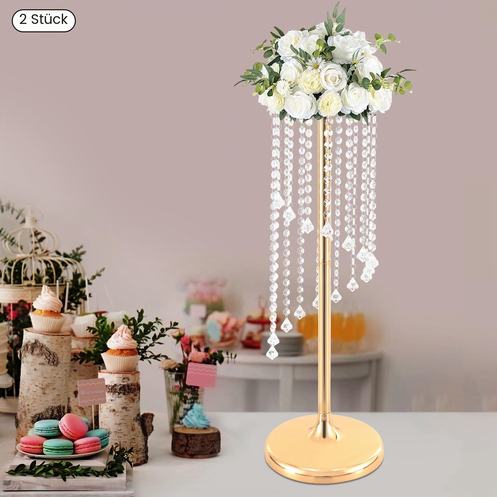 Metall Blumenständer Hochzeitsdekoration mit Kristallanhänger, Hohe Blumenboden Vase Blumenständer MetallSäule Vasen, Blumenvasen Blumenhalter mit Metall Basis für Hochzeit, Party (Gold)