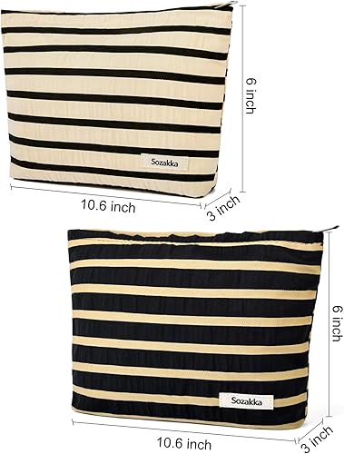Miniatura 3 de Bolsa de maquillaje de 2 piezas, bolsa grande de cosméticos a rayas, color negro y blanco, bolsa de aseo de viaje, organizador de brochas de