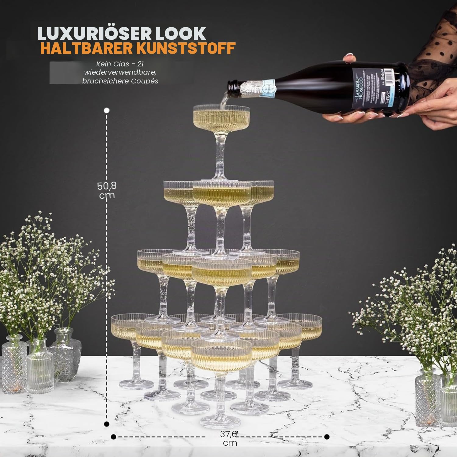 Ksestor Champagne-Turm – 21-teiliges Set aus 7oz Kunststoff Champagner-Coupes – Klar | Stapelbare Champagnergläser für Hochzeiten, Partys, Events und Gastgeber - Bruchfest - BPA-frei