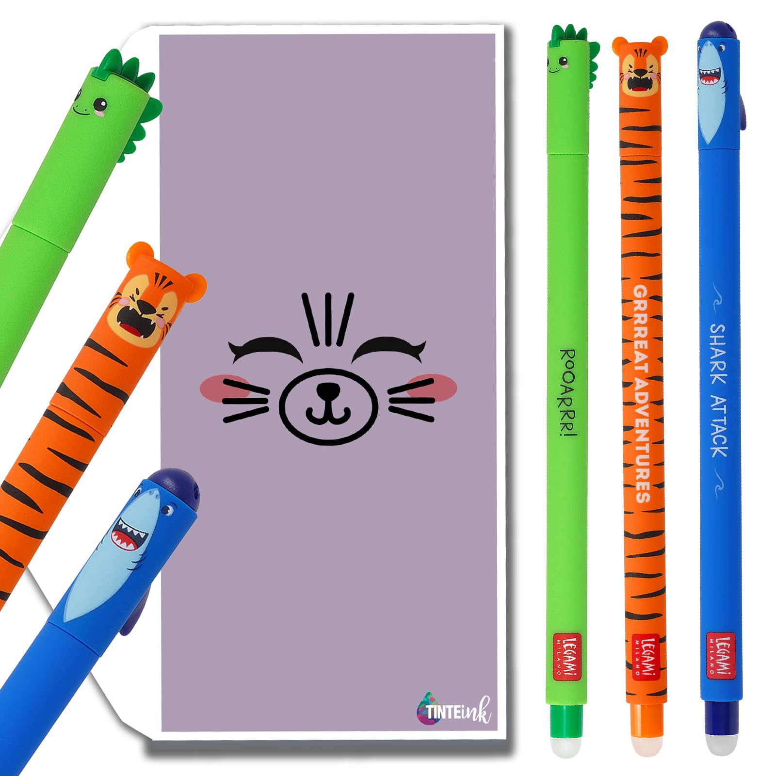 Tinte Ink Legami Erasable Pens Bundle Envelope - (Tiger, Dino & Shark Set) — image 1