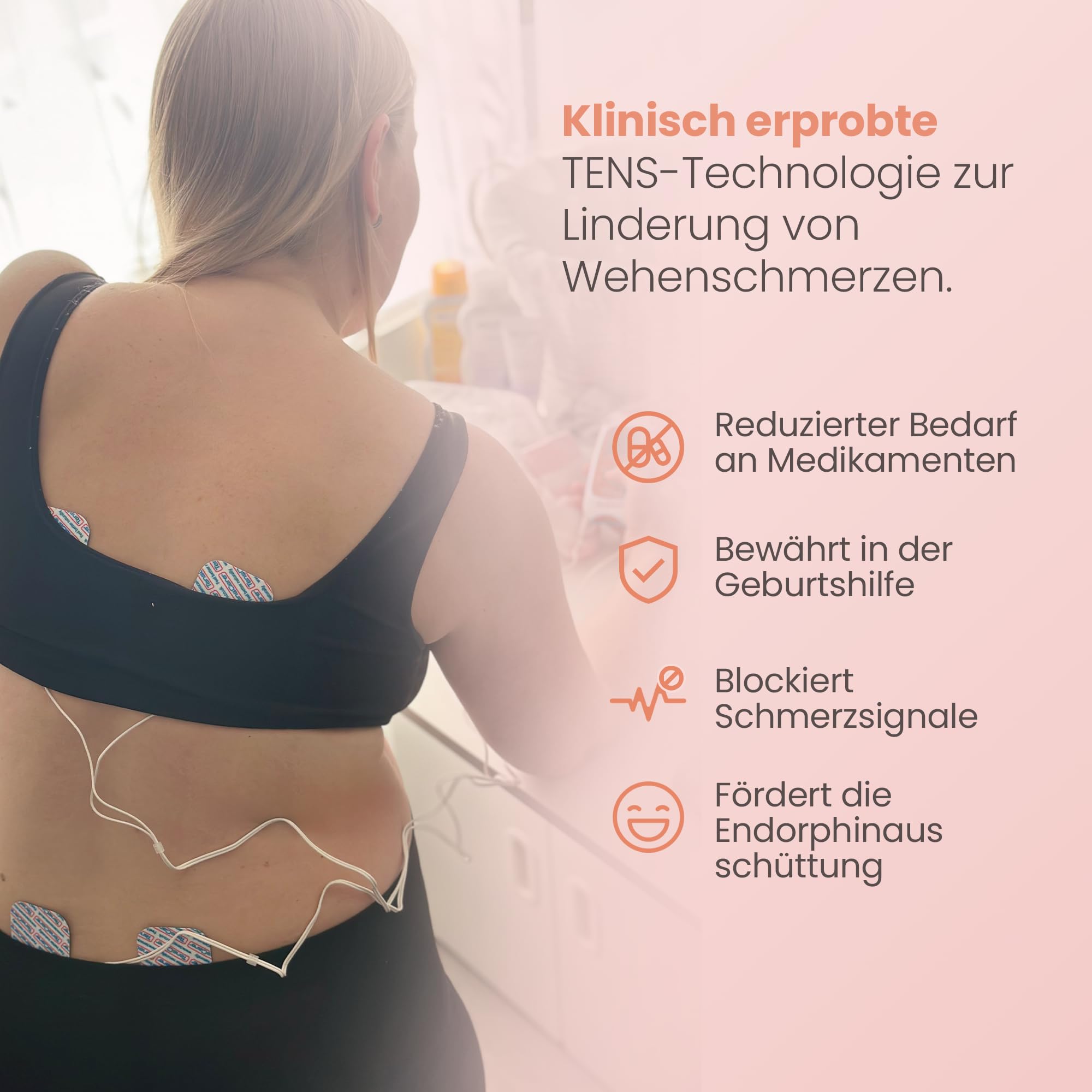 Perfect Mama+ TENS gerät zur Schmerzlinderung während der Geburt, lindern Rückenschmerzen während der Schwangerschaft. Geben Sie Informationen zu Kontraktionszeiten und die Dauer der Wehen.