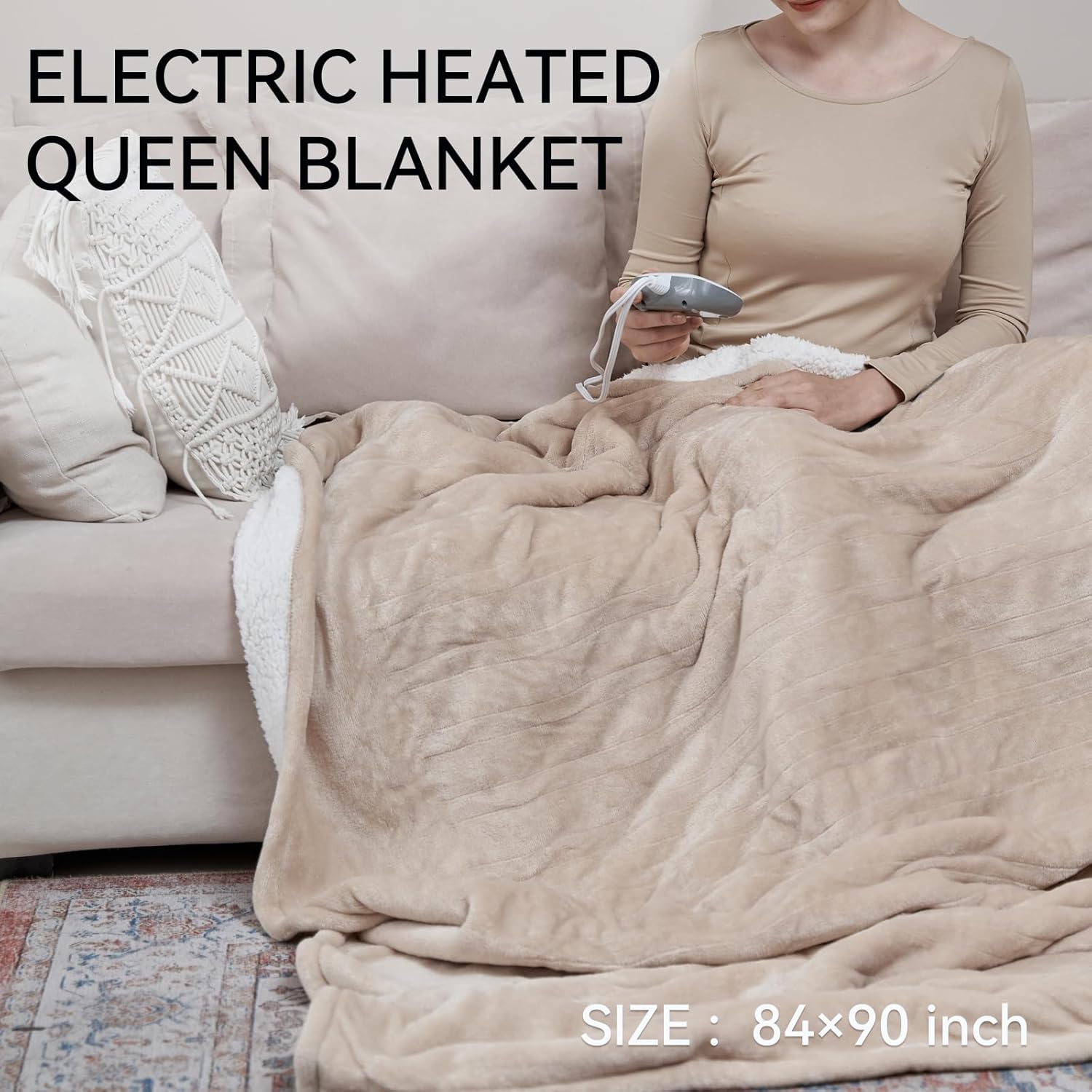 Heated Electric Blanket Queen Size 84"×90" Soft Flannel and Sherpa Warm Blanket Dual Controllers Heating Blanket,10 Heating Levels,Machine Washable,Beige