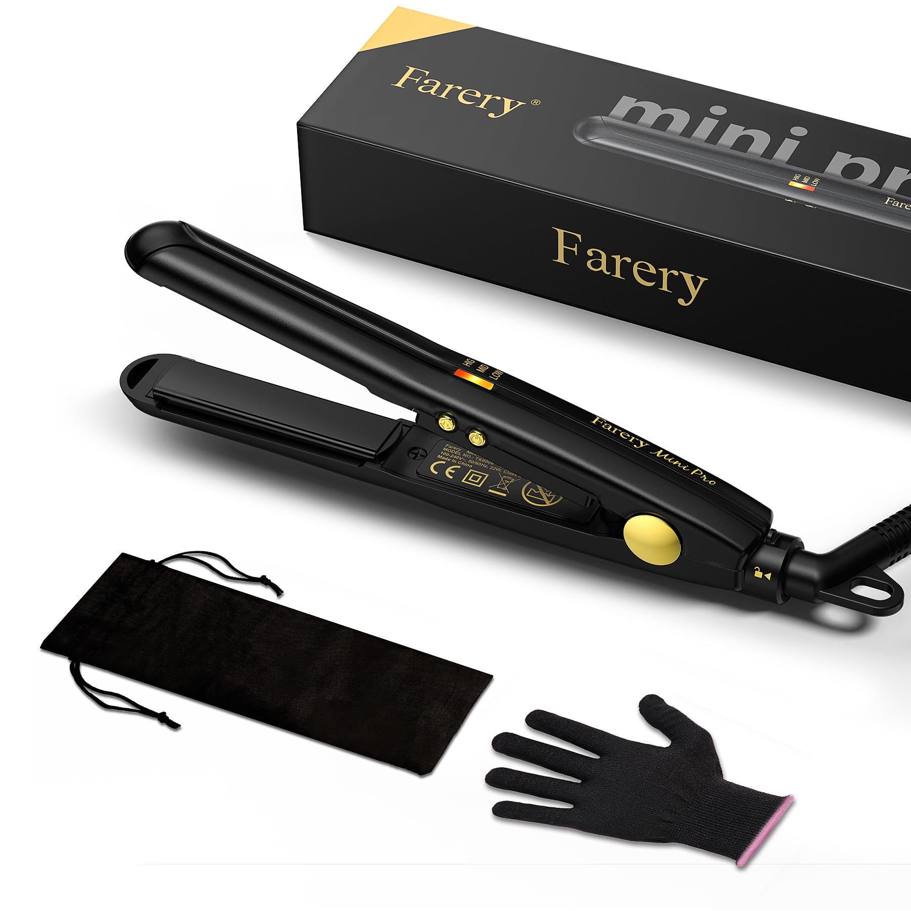 Farery Mini fer à lisser pour cheveux courts, Portable pour le voyage Mini Lisseur, Température Réglable, Arrêt Automatique, Tension Double, Noir