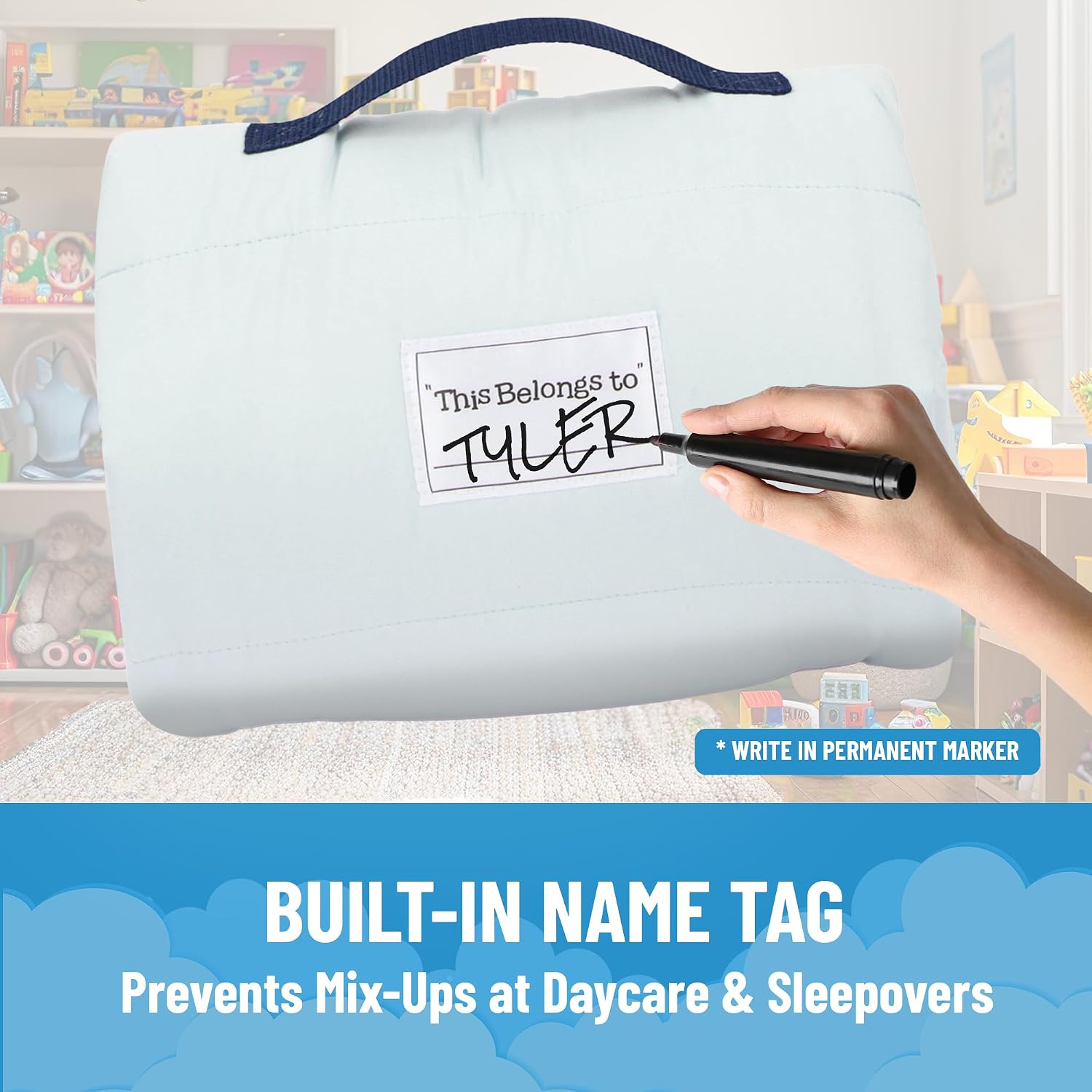 Jay Franco Kids Nap Mat with Embedded Pillow & Blanket – Soft 46"x20" Microfiber Sleeping Bag with Name Tag & Handle