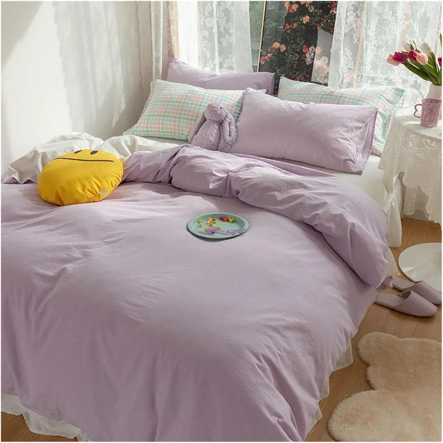 Washed Cotton Duvet Cover Set with Zipper Closure Luxurious Soft 4Pcs Bedding Set 1 Duvet Cover 1Bed Sheet 2 Pillowcases,Bed